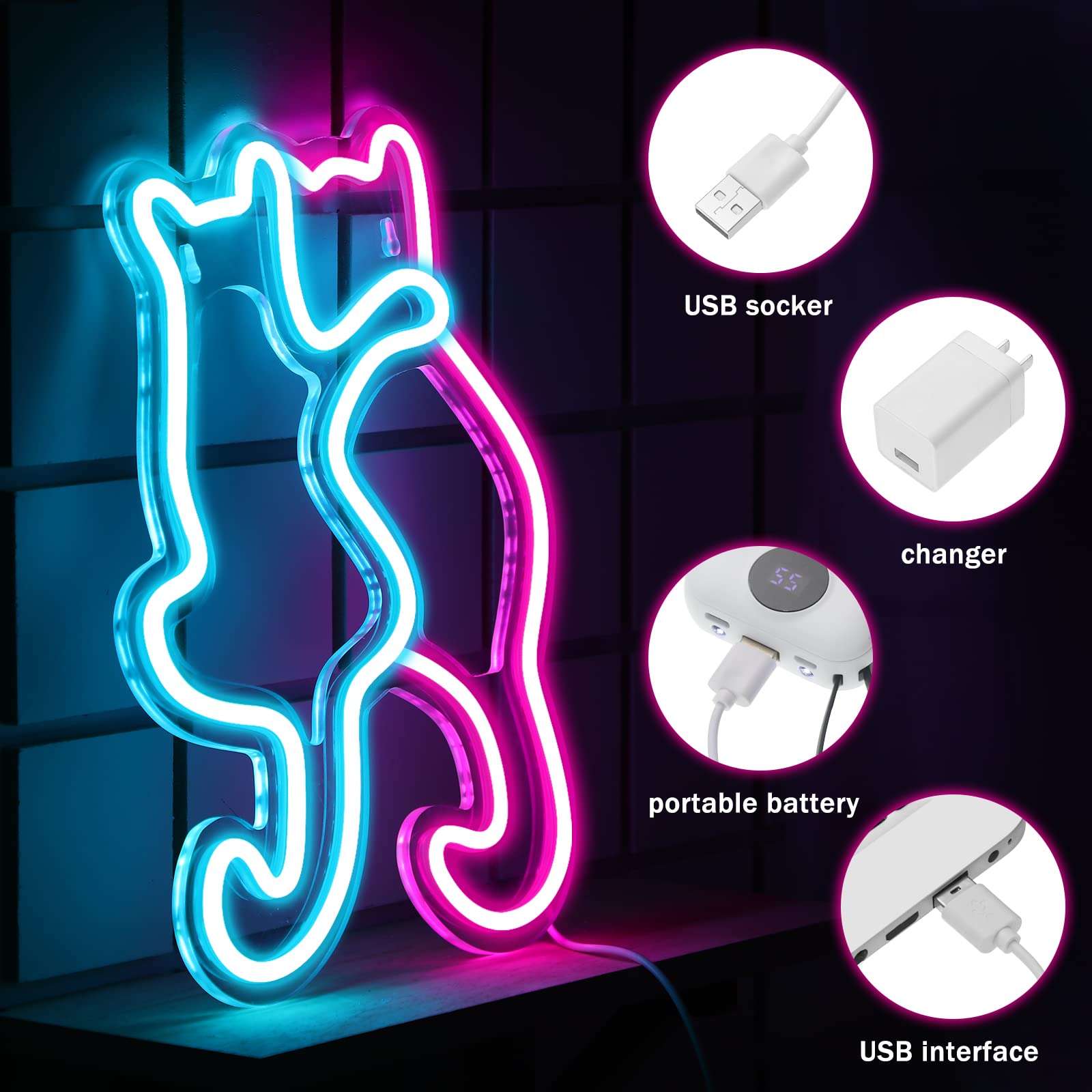 Kathfly Cat Neon Sign Light - USB Operated LED Decor for Home, Party, Wedding - Pink & Blue Acrylic - Cute Cat Design