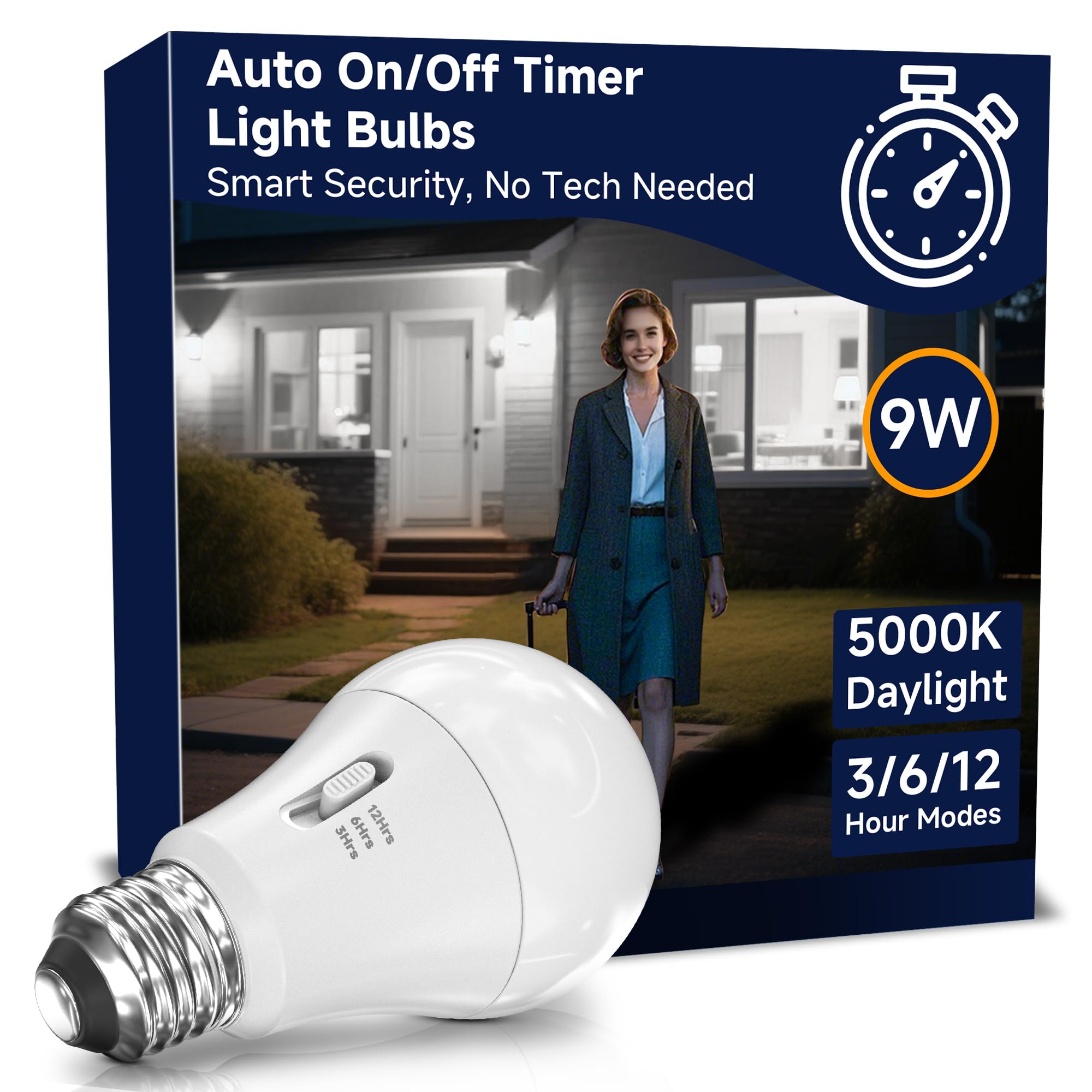 Unilamp Timer Light Bulbs: 9W (60W Equivalent) Led Bulb, Automatic Built-In Timer, 5000K Daylight A19, Automatic On/Off, Indoor 