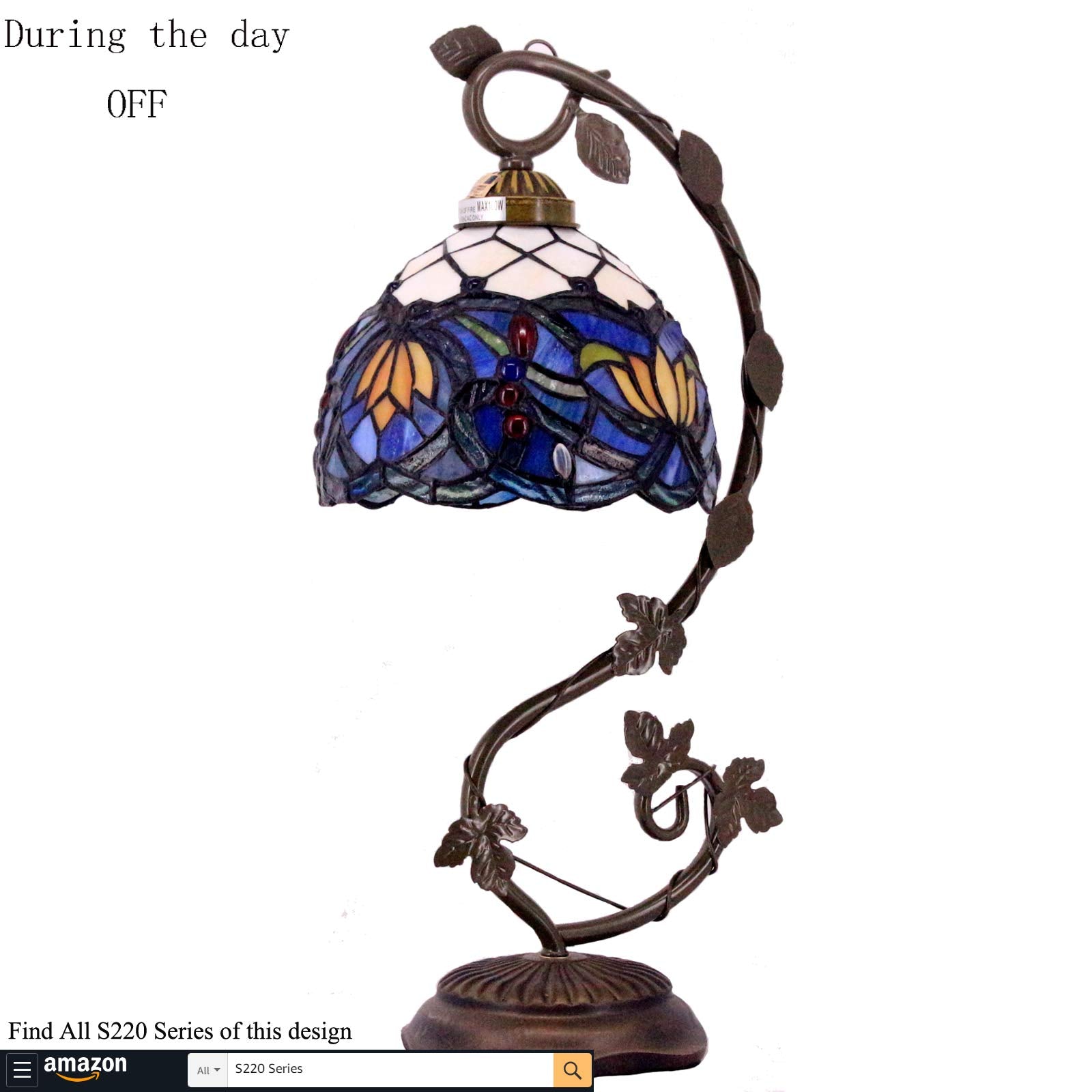 WERFACTORY Tiffany Table Lamp, Blue Stained Glass, Metal Leaf Base, 8x10x21 Inches, Lotus Style, Model S220, Perfect for Bedroom & Office