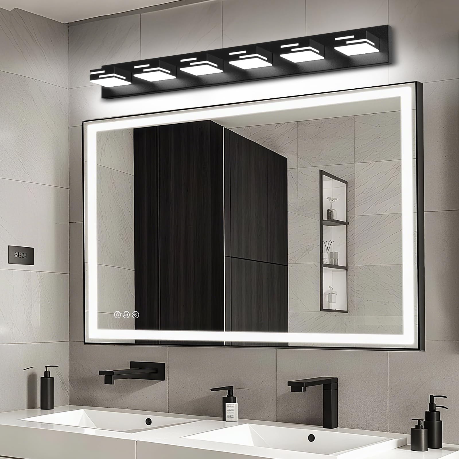 Lkhf Led Modern Bathroom Vanity Light Fixtures  6-Light 40-Inch Dimmable Matte Black Vanity Lights For Bathroom Lighting Fixtures Over Mirror  With 350?Rotatable Acrylic Heads (Cool White 6000K)