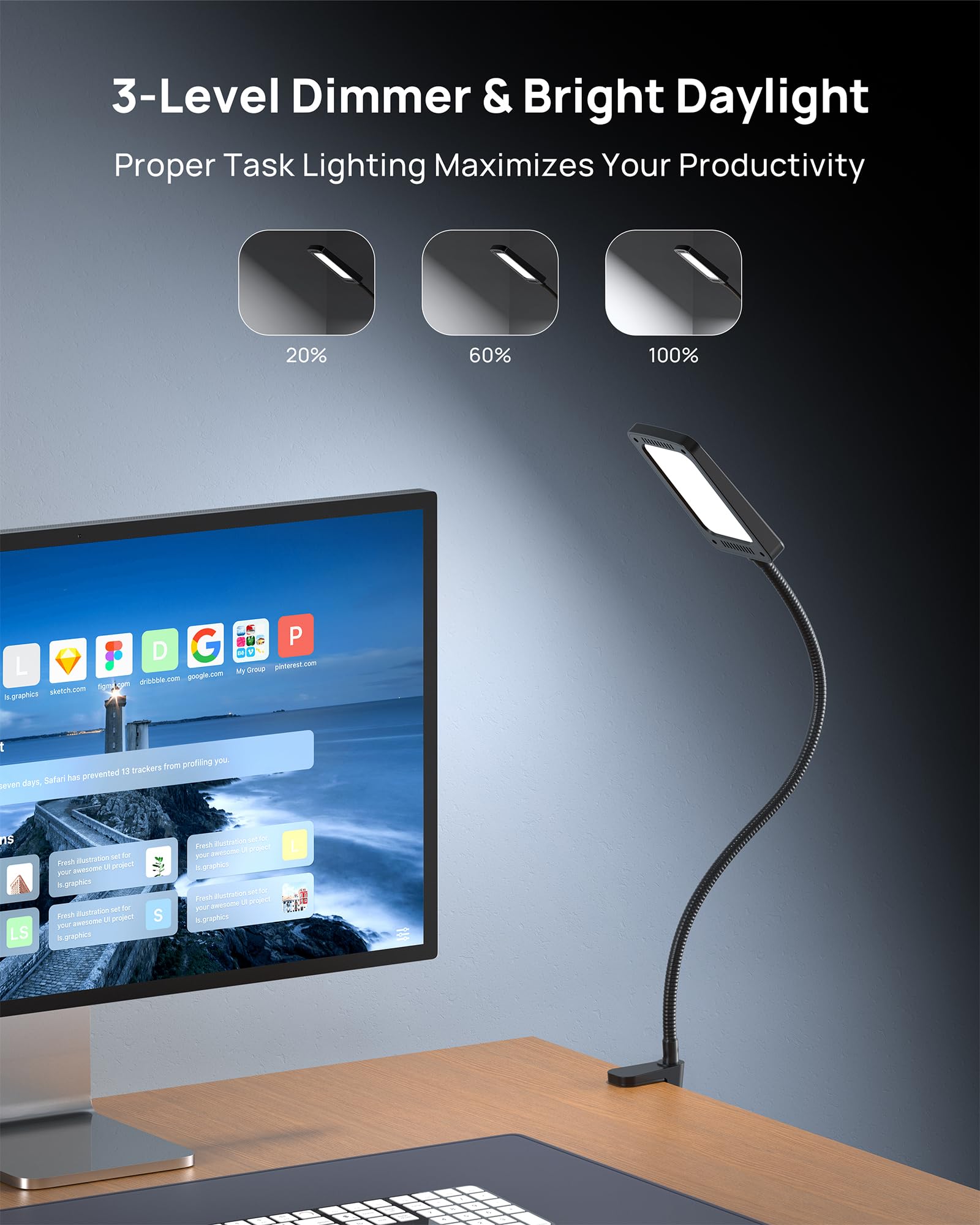 TROND LED Desk Lamp - 1000LM Dimmable Clamp Lamp, 6000K Daylight, Flexible Gooseneck, Black, Model Halo 9W-C
