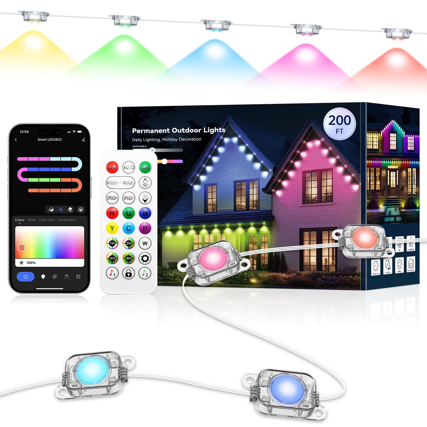lemonlovely Outdoor LED Lights Pro, 200ft, IP67 Waterproof, Smart IC+RGBCW, White, Model 2323