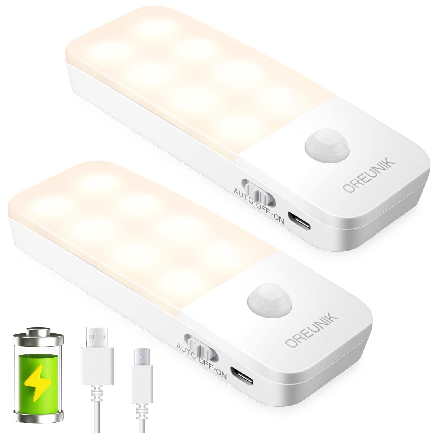 Oreunik Motion Sensor Night Lights, Rechargeable, Warm White, 2 Pack, Polycarbonate, Model XM-03