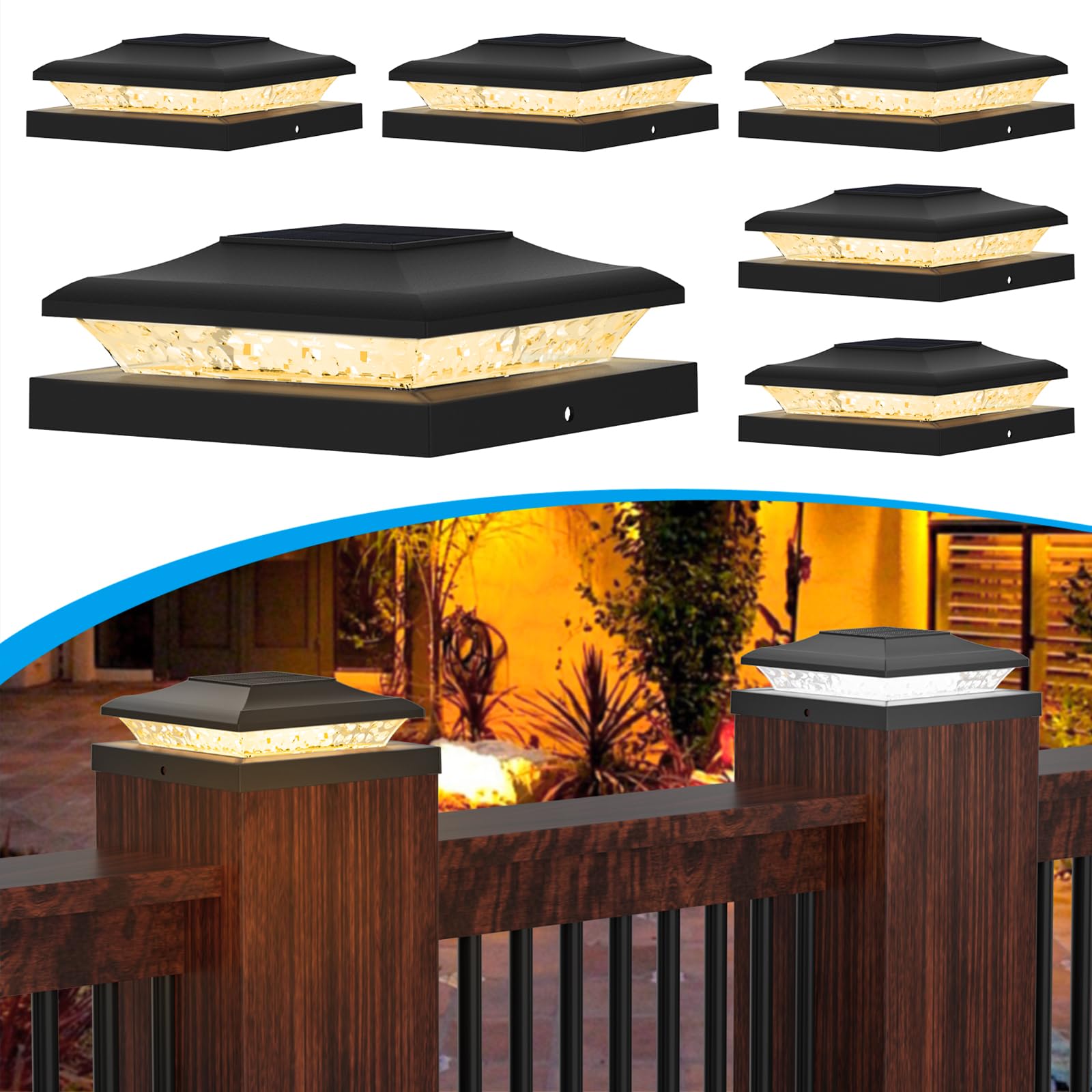 TSUNESLUX 6 Pack Solar Post Cap Lights Outdoor, 2 Modes (Warm/White Light) Black Fence Post Solar Powered Lights Waterproof for 