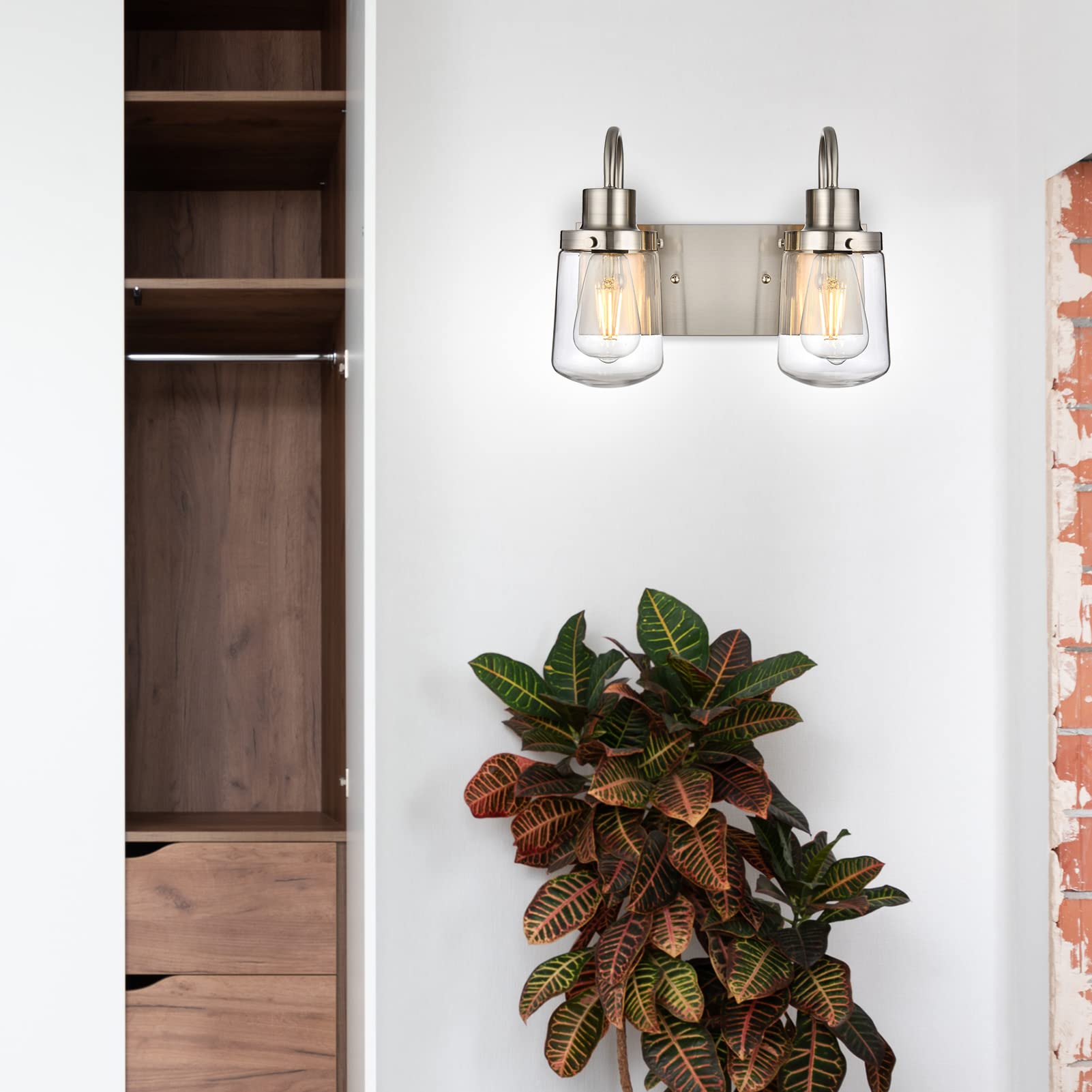 Yaohong 4-Light Modern Bathroom Vanity Light, Satin Nickel Farmhouse Fixture With Glass Shades