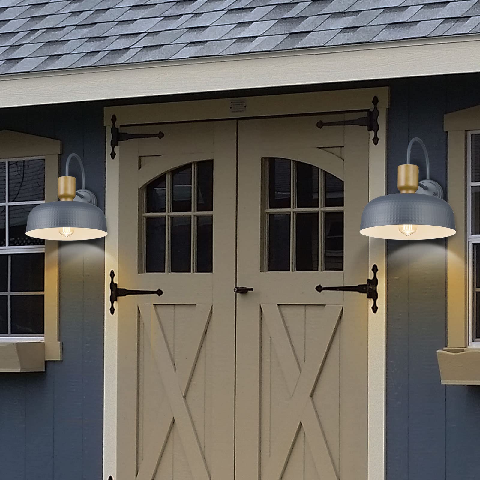 Luminzone Gooseneck Barn Light - Vintage Industrial Wall Lantern, Medium 12.4, Blue, 2 Pack, Hammered Metal Shade