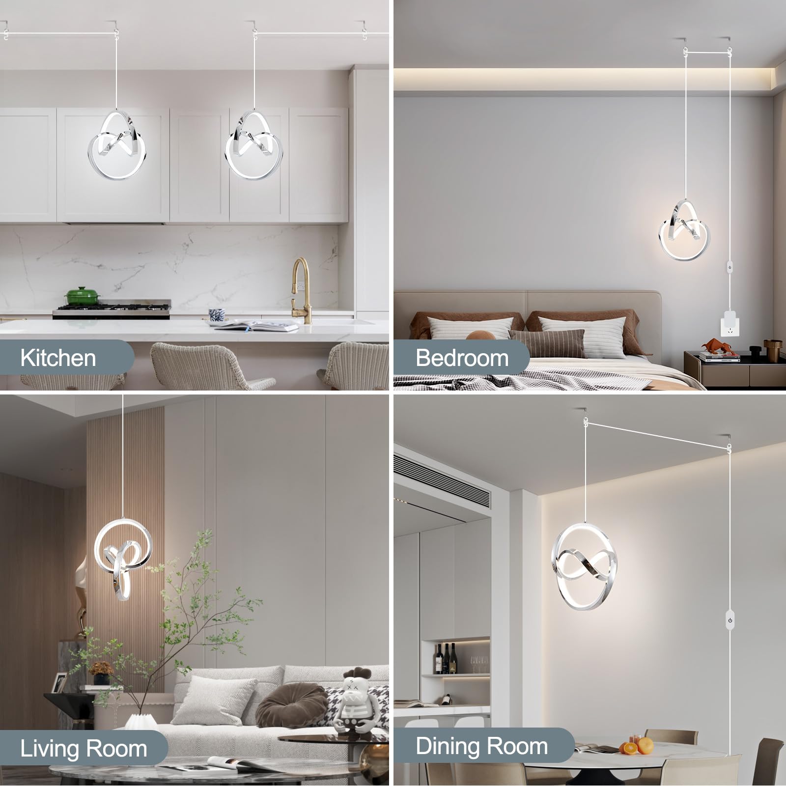 Sovinzert Modern Led Pendant Light Fixtures Pendant Lights Kitchen Island Lighting Adjustable Height Chrome Hanging Lamp For Dining Room Bedroom Living Room (1 Pack)