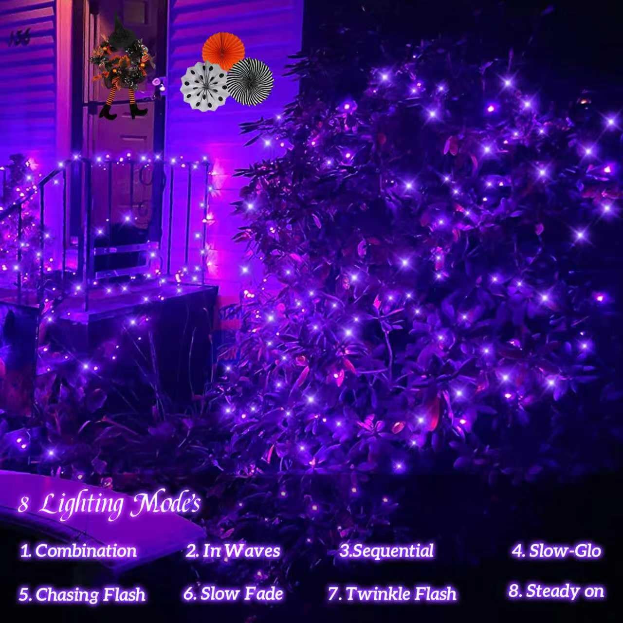 Qitong Purple Solar String Lights, 2 Pack Each 66Ft 200 Led Halloween Lights Outdoor Waterproof, 8 Modes Green Wire Christmas Tw