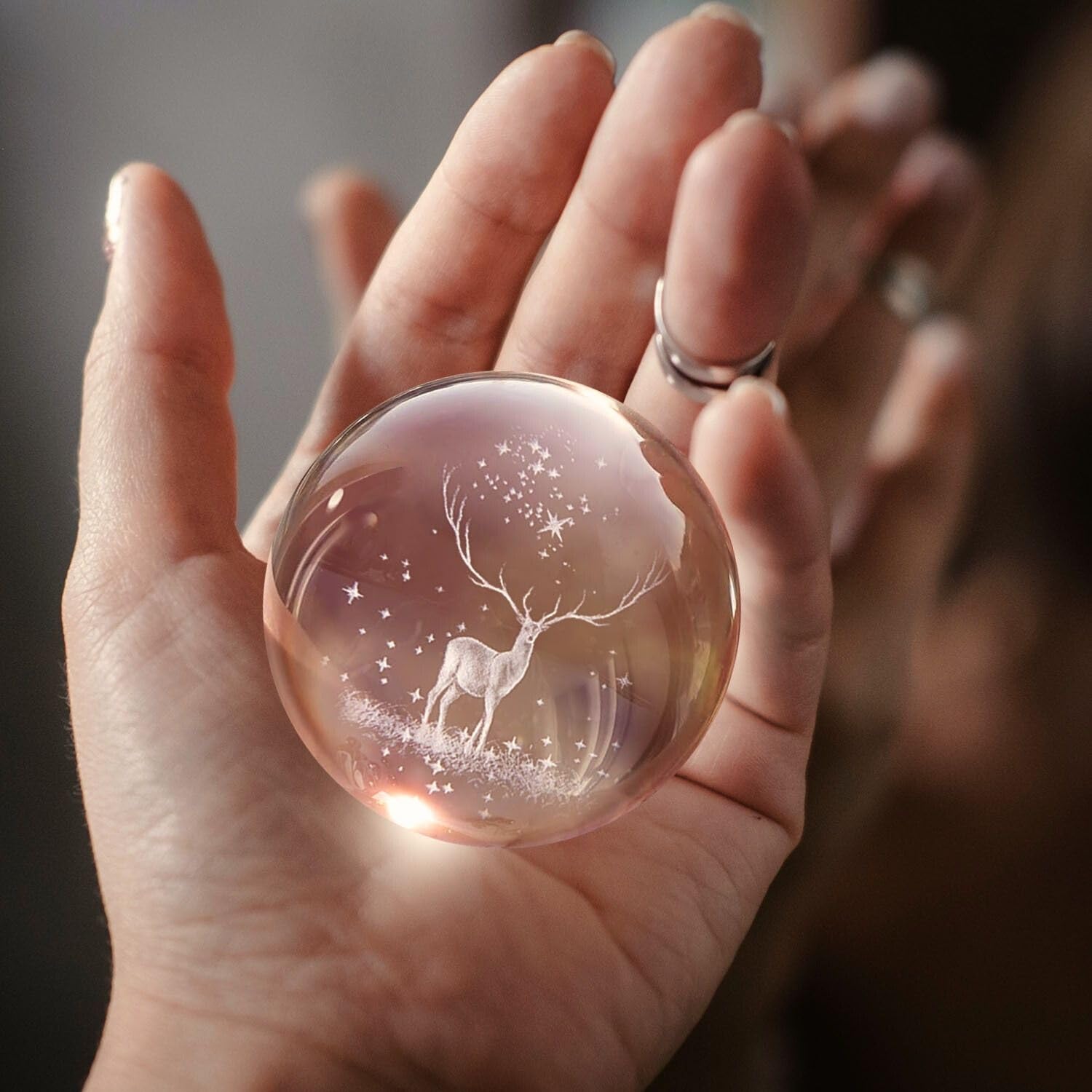 Flexzion 3D Elk Crystal Ball Night Light - Led Light Hologram Glass Lamp With Solid Wood Base, Usb Powered Crystal Ball Lamp Wit