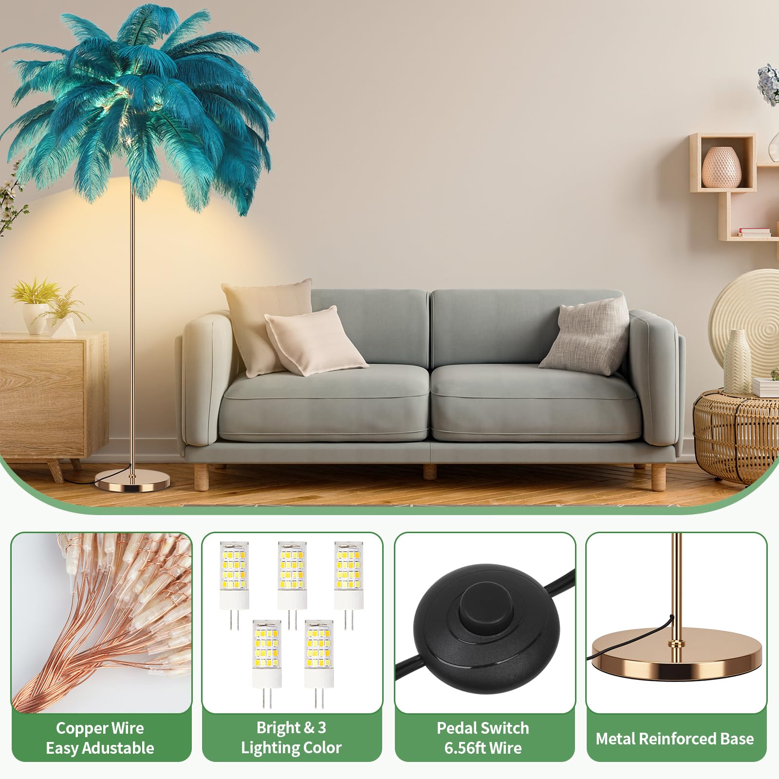 Fivemengo Feather Floor Lamp, Modern Arc Design, Rose Gold Body, Blue Color, Includes LED Bulbs, Model Yumao-Lan