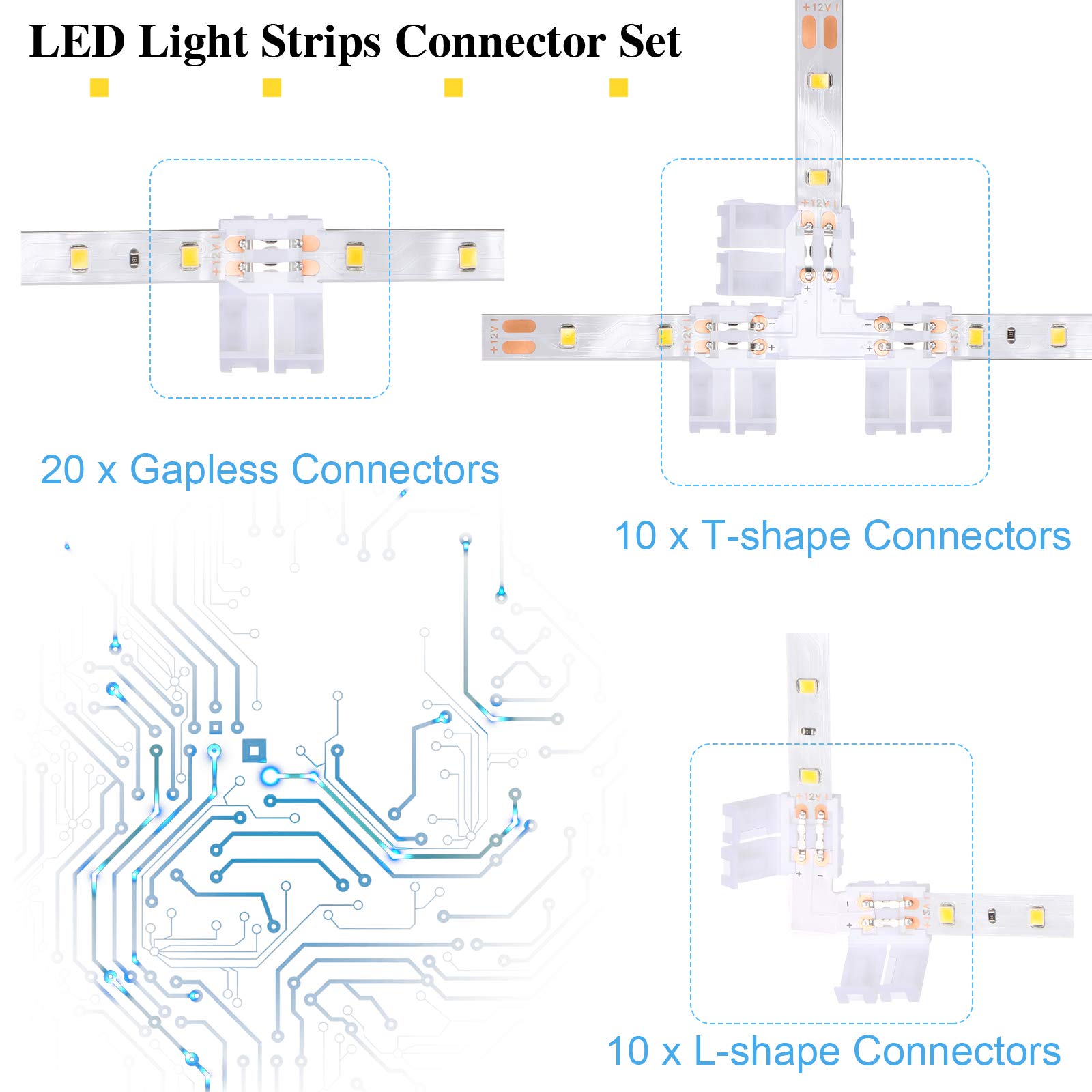Mudder 40-Piece 2 Pin LED Strip Connectors, T & L Shape, Solderless, 8mm, White, Compatible with 3528 2835 SMD RGB LED