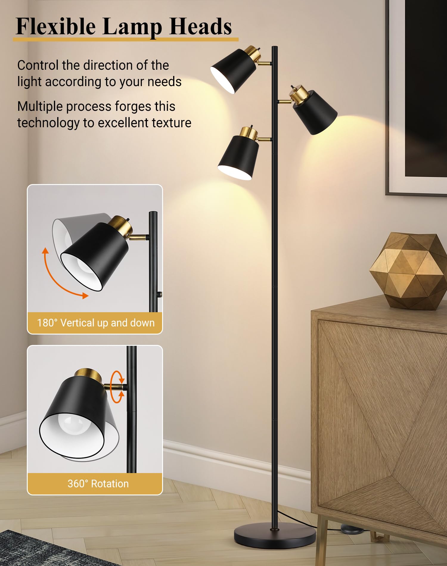 Qimh Tree Floor Lamps For Living Room, 67'' Modern Standing Floor Lamp With 3 Led Bulb, Industrial Tall Lamp Reading Lighting Fo