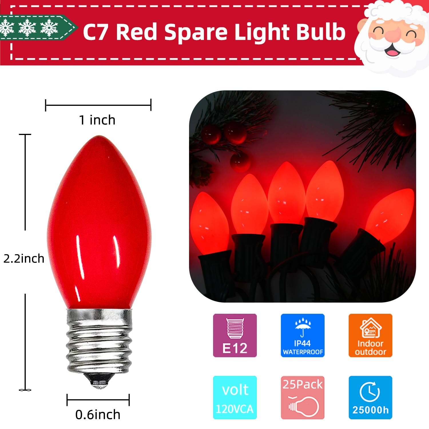25 Pack Red Christmas Light Bulbs C7 Replacement Bulbs Nightlight Bulb  Vintage Red C7 Christmas Lights Replacement Bulbs For Xmas Home Bedroom Tree Window Candle String Lights Decor  E12 Base  5W