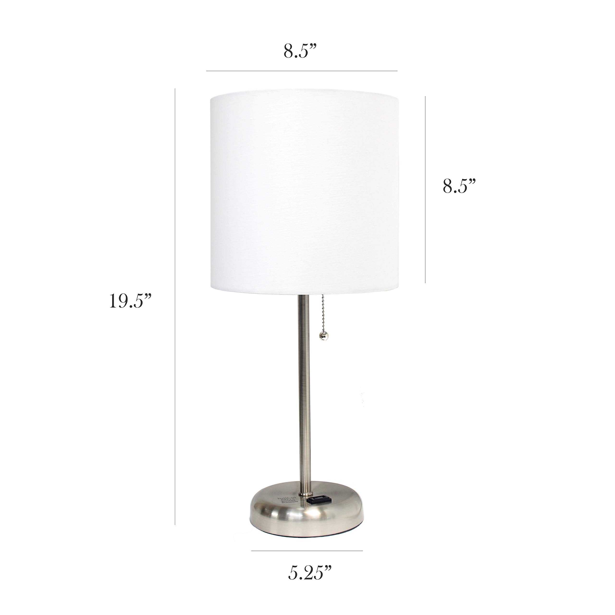 Simple Designs Lc2001-Wht-2Pk Brushed Steel Stick Table Lamp Set With Charging Outlet And White Fabric Shades, 2 Pack Set