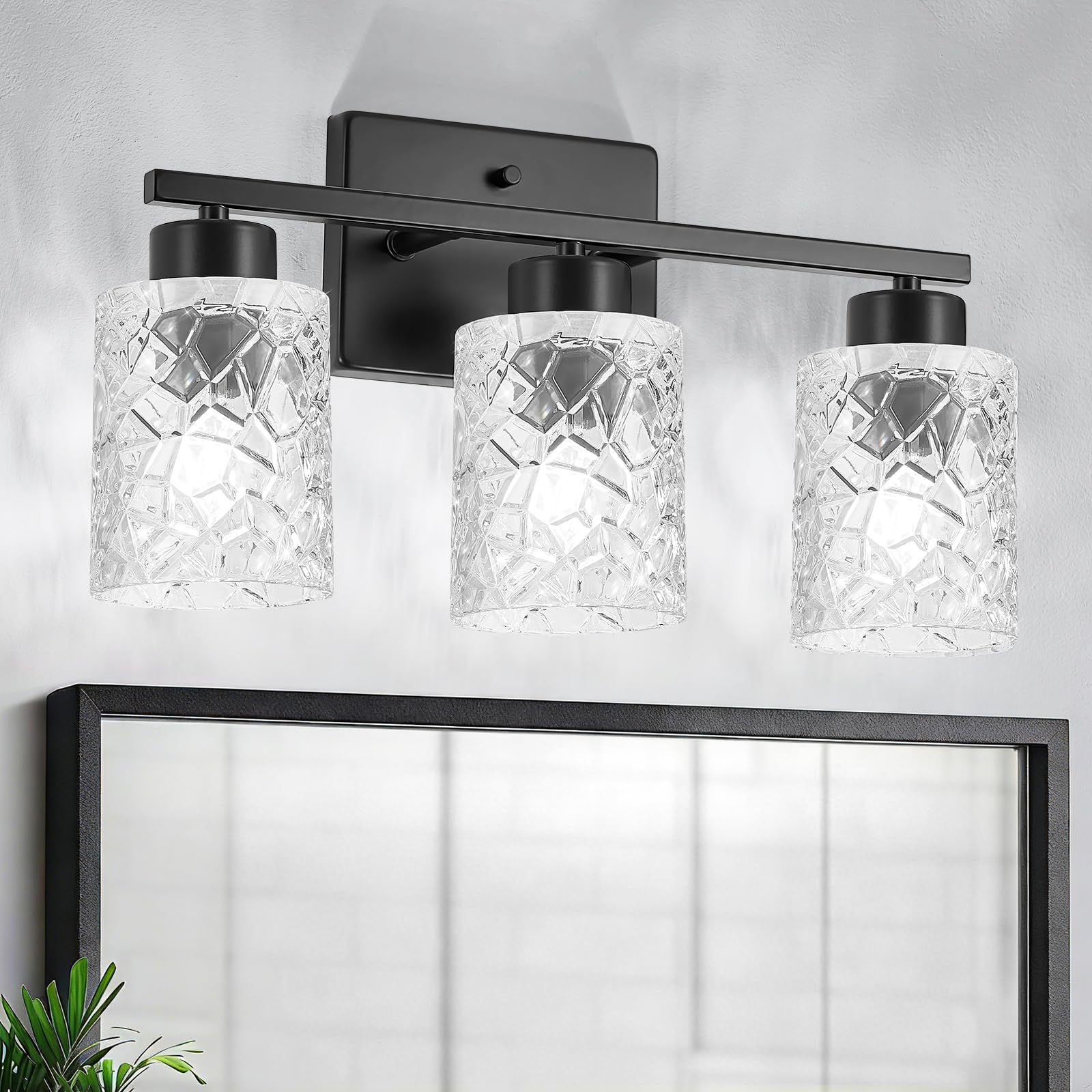 Kvhiiw Black Bathroom Light Fixtures, 3-Light Modern Bathroom Vanity Wall Light, Vanity Lights for Mirror, Wall Sconces with Cle