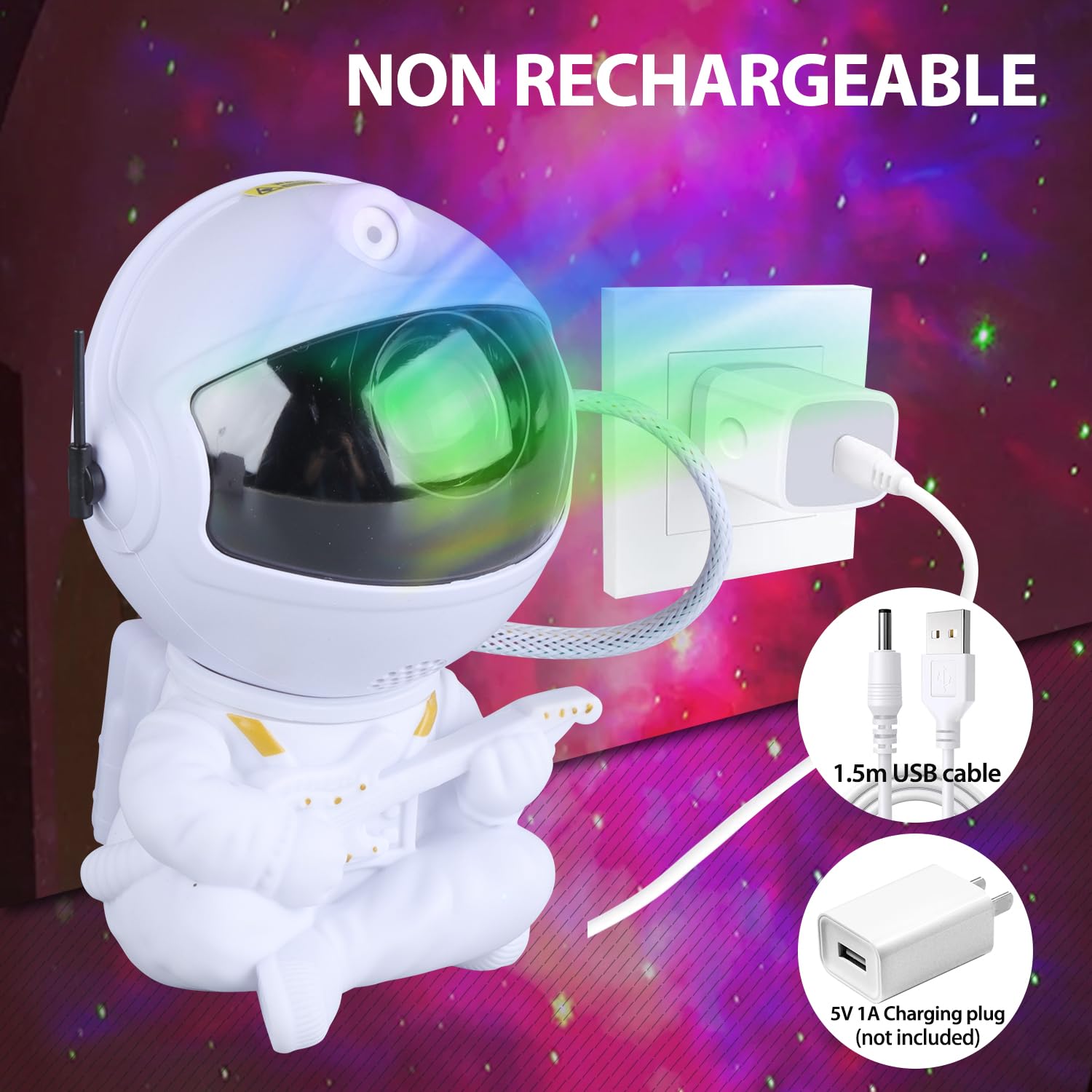 YXQUA Astronaut Star Projector - 8 Modes, 270° Adjustable LED Lights, White Guitar