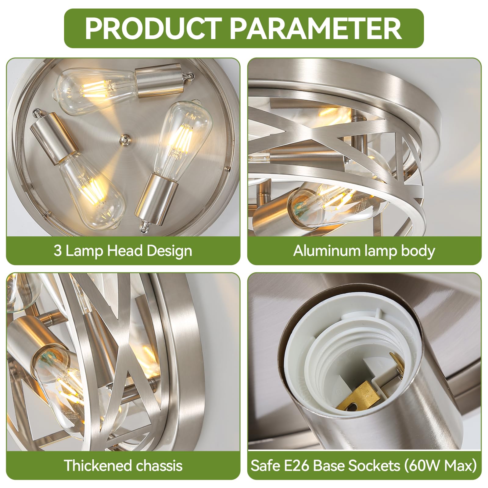 piano7797 3-Light Ceiling Light Fixtures, Brushed Nickel, 2 Pack, Model PACL003