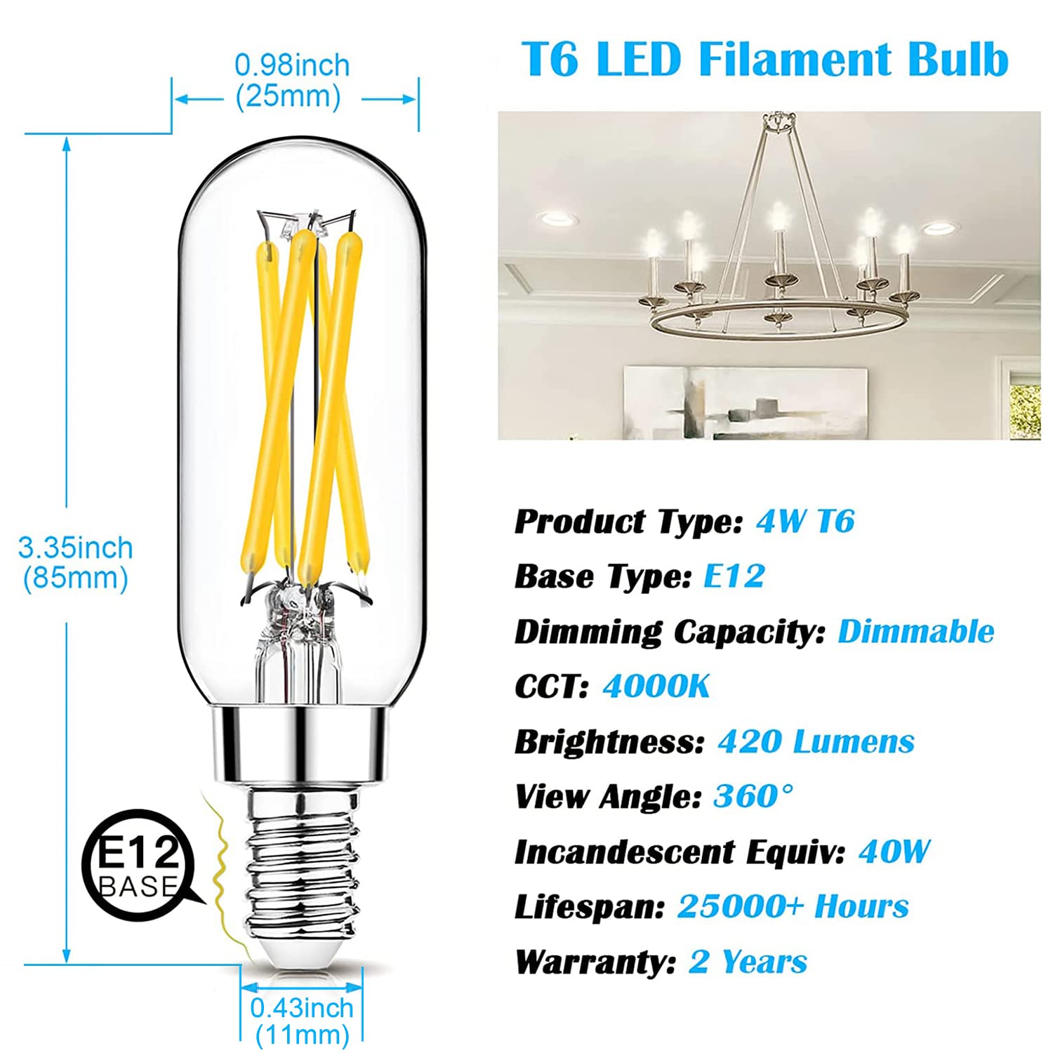 Mlambert 12 Pack Dimmable T6 Led Bulbs,4W Equal 40W E12 Candelabra Light Bulb 4000K,Clear 4W E12 Edison For Chandelier,E12 Cande