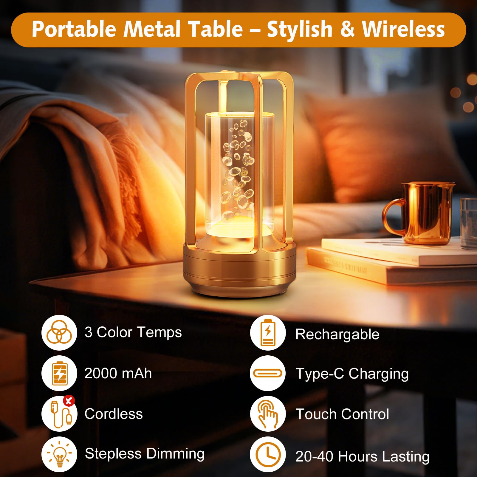 Yunaking Portable Table Lamp - Cordless Rechargeable, 3 Color Dimmable, Metal, Bubble Gold, Model QPSZD-GOLD