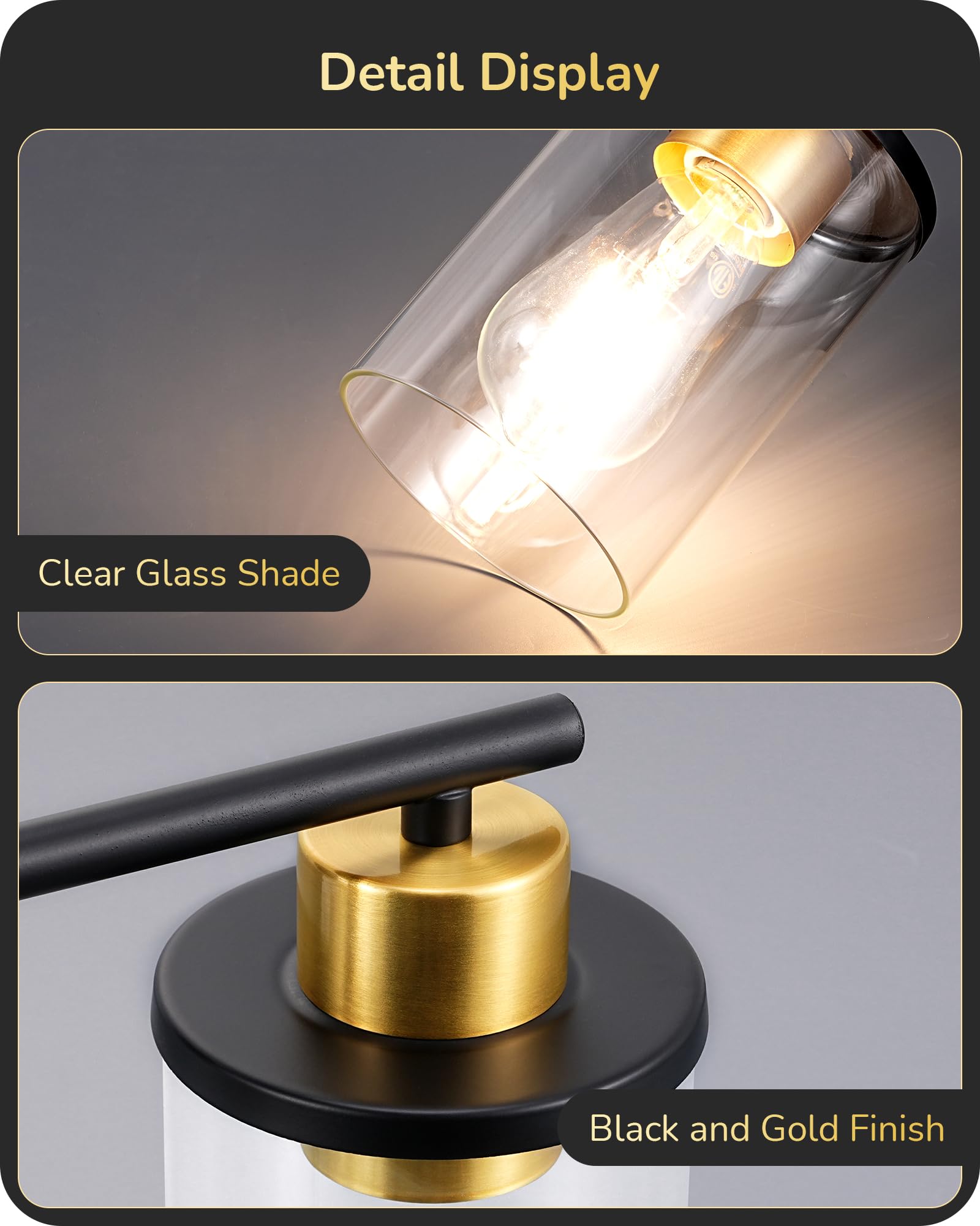EDISHINE 2-Light Bathroom Vanity Light Fixture, Metal, Black and Gold, Model HHVL04J, Clear Glass Shade
