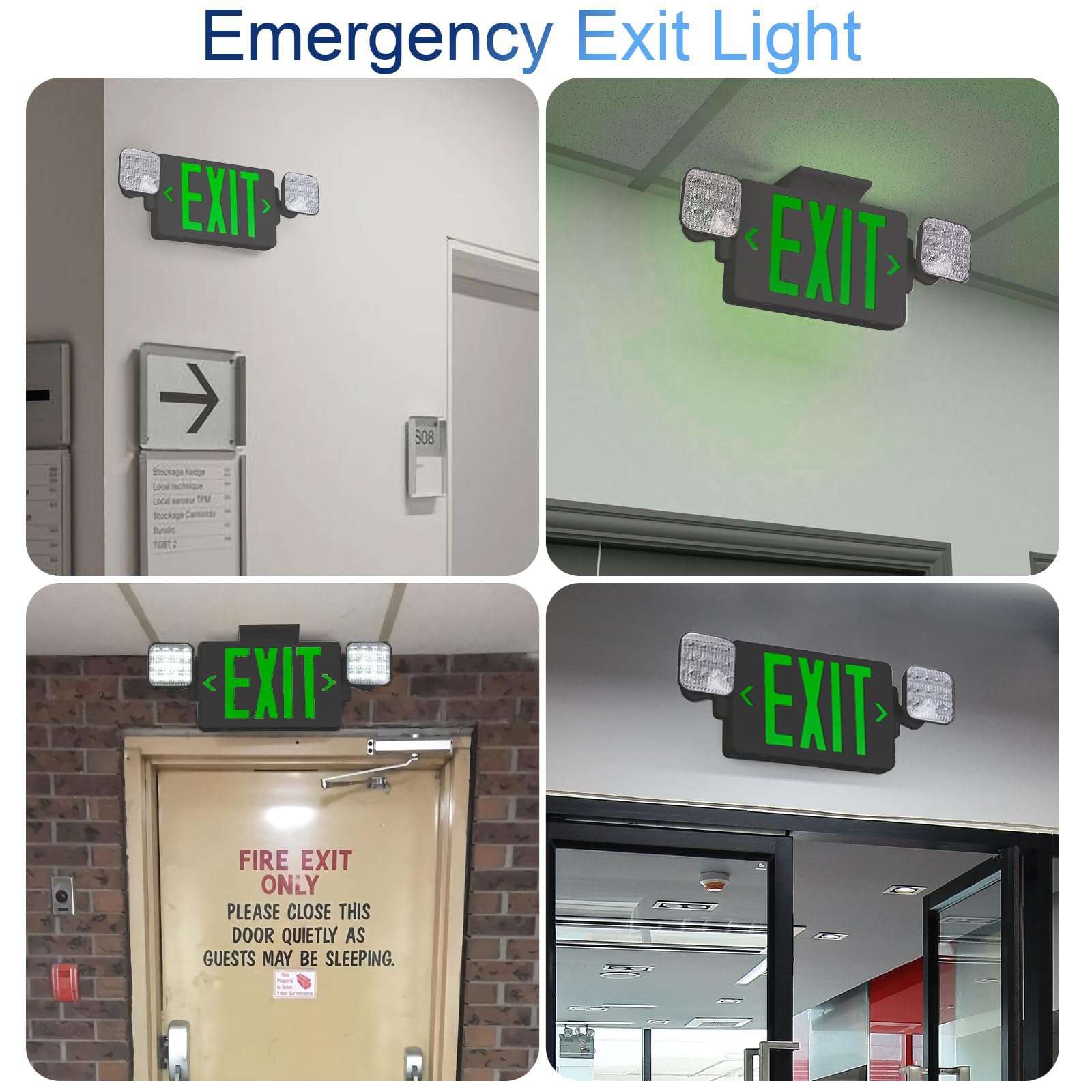 Cm Mzy Black Housing,Green Exit Sign With Emergency Light, Two Adjustable Square Head,Exit Sign With Battery Backup,Us Standards