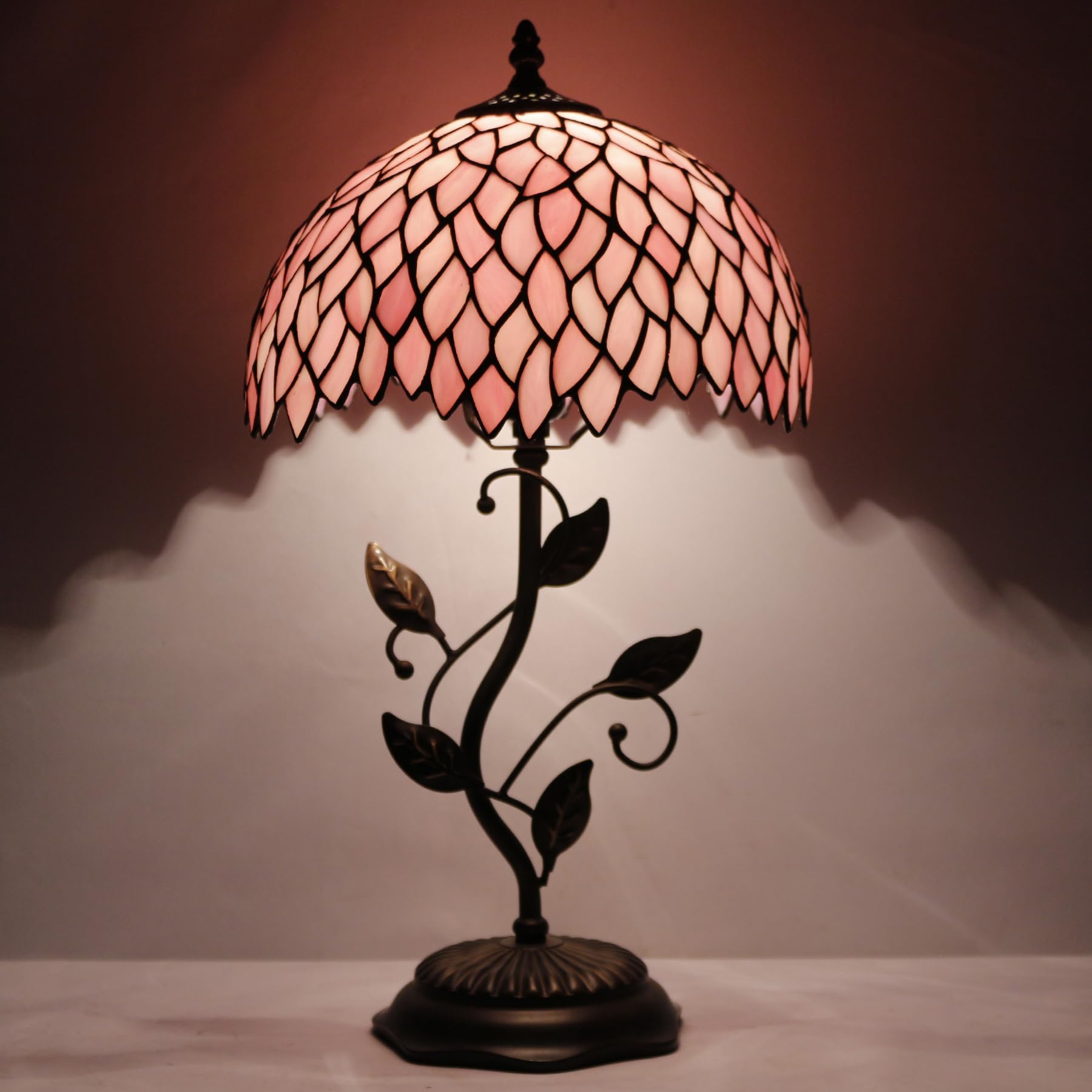 Lxhcyou Tiffany Table Lamp, Stained Glass Desk Light, W12H19 Inch, Metal Leaf Base (Pink Wisteria)