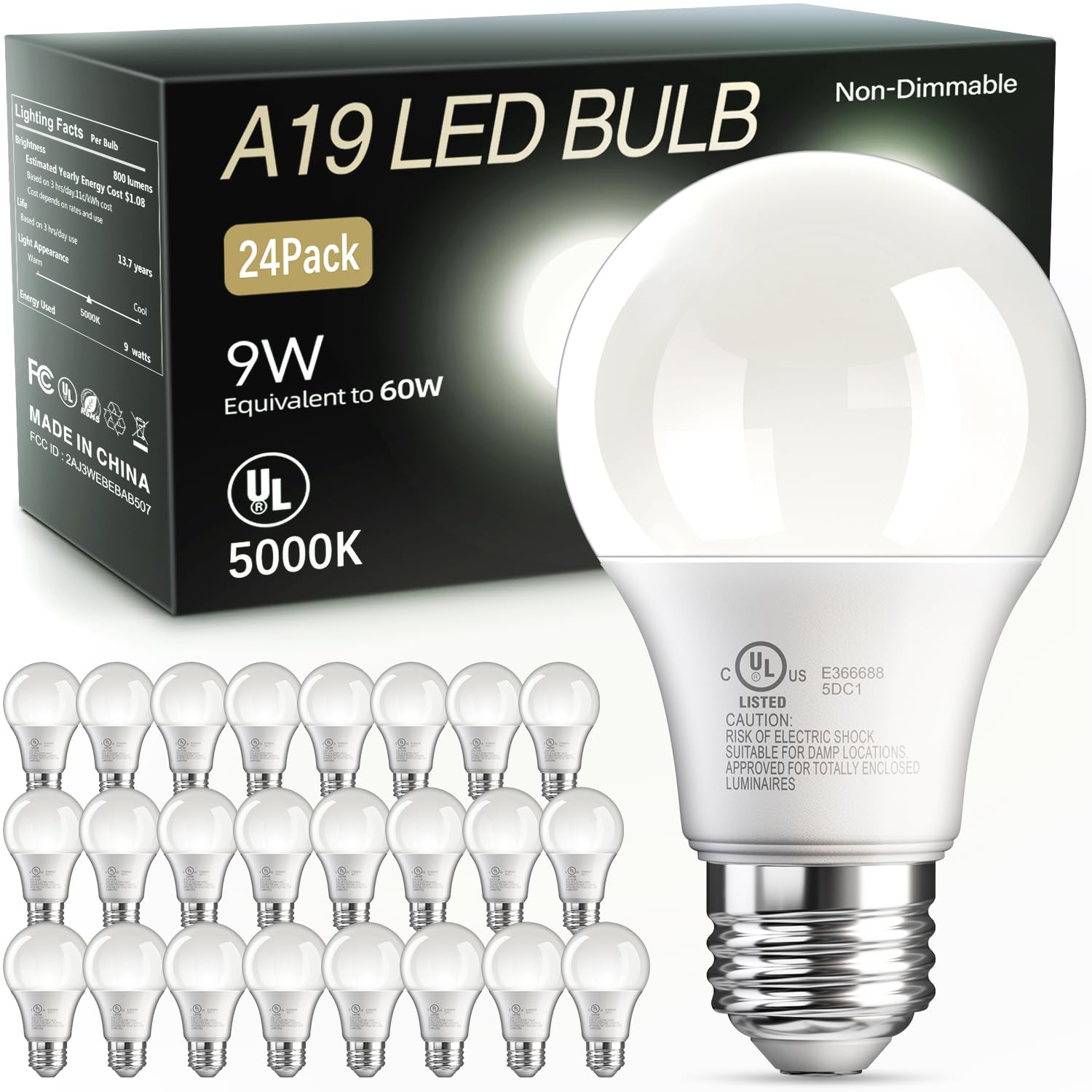 TJOY 24 Pack A19 LED Light Bulbs, 60 Watt Equivalent LED Bulb, Efficient 9W, Daylight 5000K, E26 Standard Base, Bright White Light Bulb, Non Dimmable, Energy Saving, 800LM, 80 CRI, 120V, UL Listed