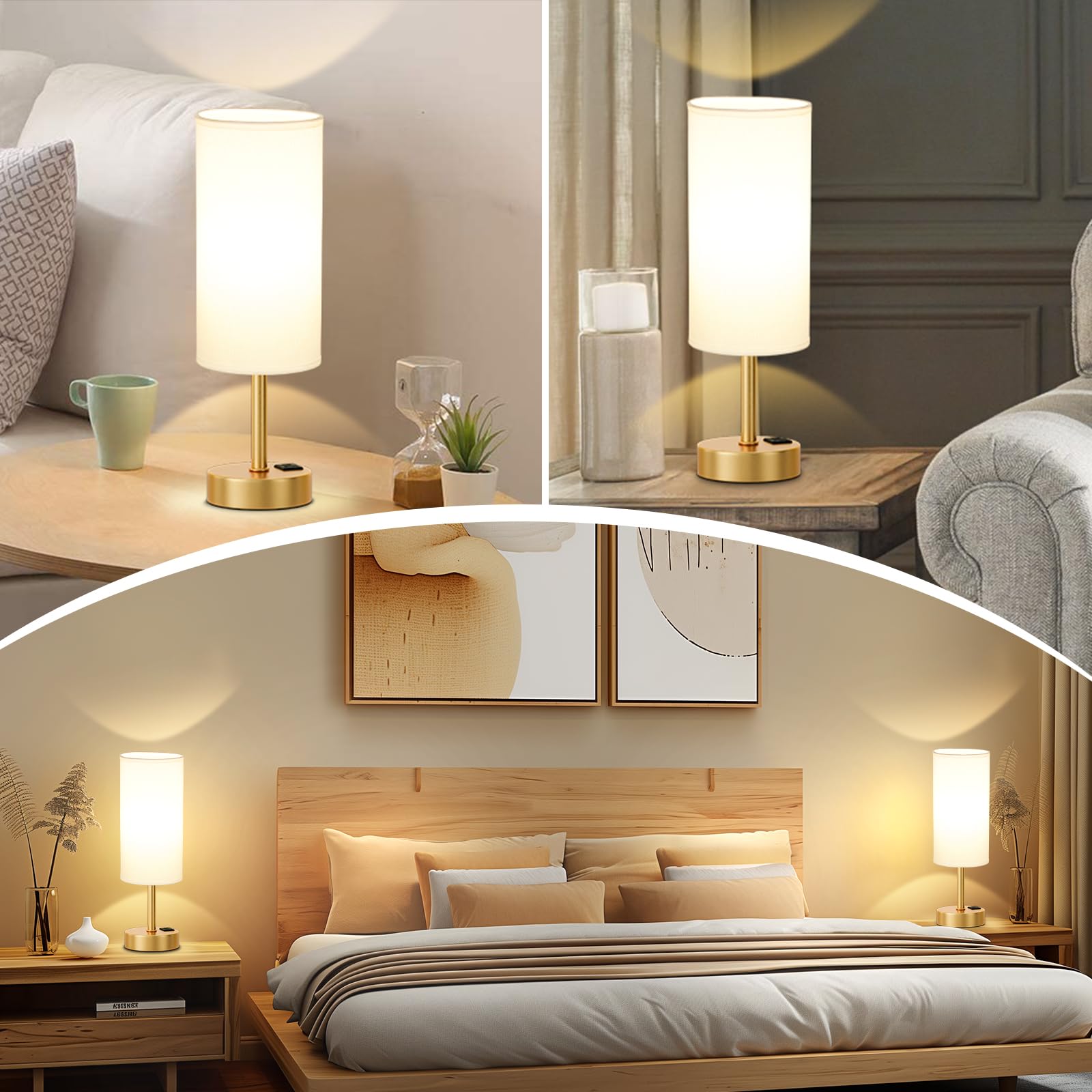 Bedside Touch Table Lamps For Bedroom Nightstand With Usb-C Usb-A Charging Ports, 3 Way Dimmable, White & Gold Small Lamp For Of