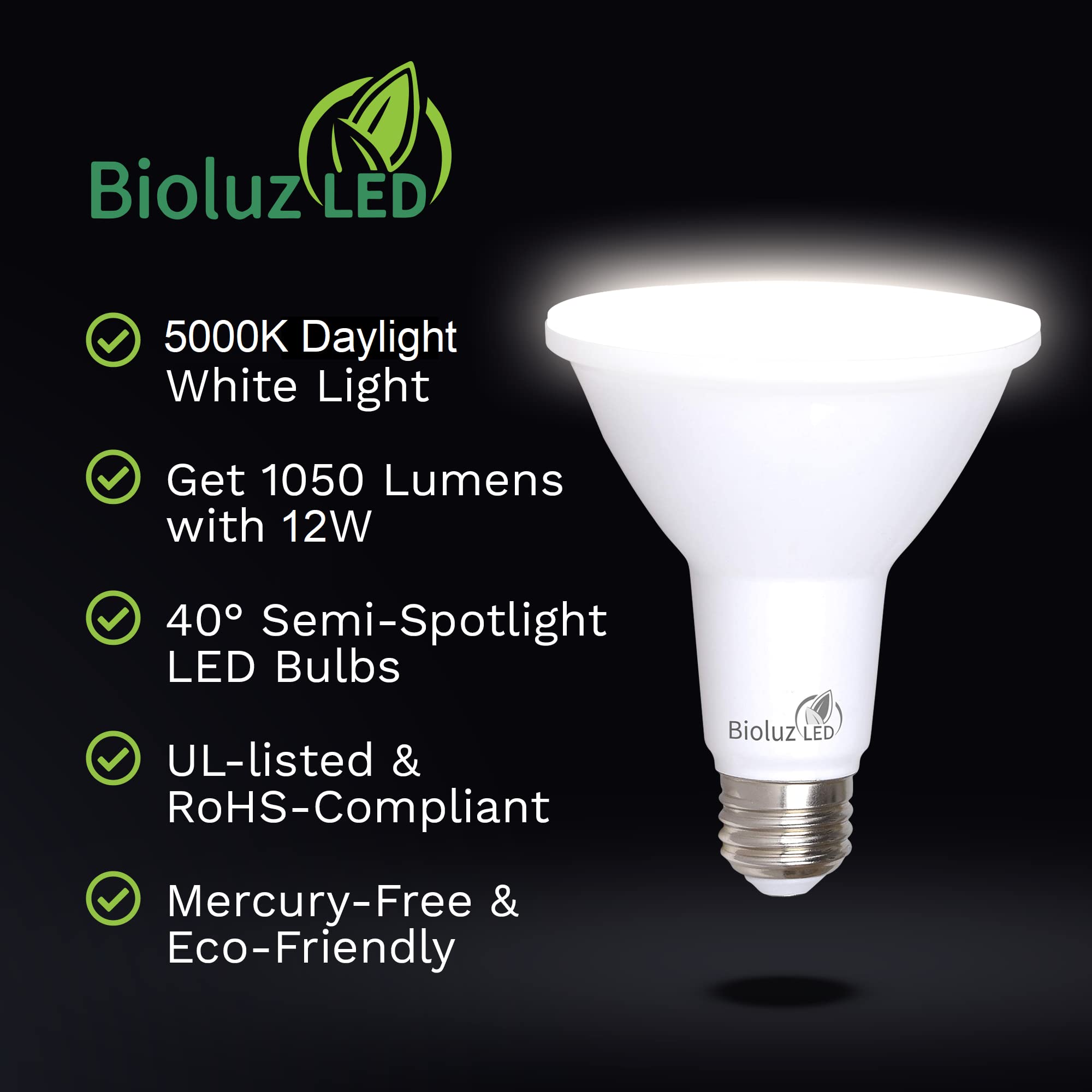 Bioluz LED 4 Pack PAR38 12W Dimmable Bulbs, 5000K Daylight, 90 CRI, Indoor/Outdoor, UL Listed, Energy Efficient Lighting