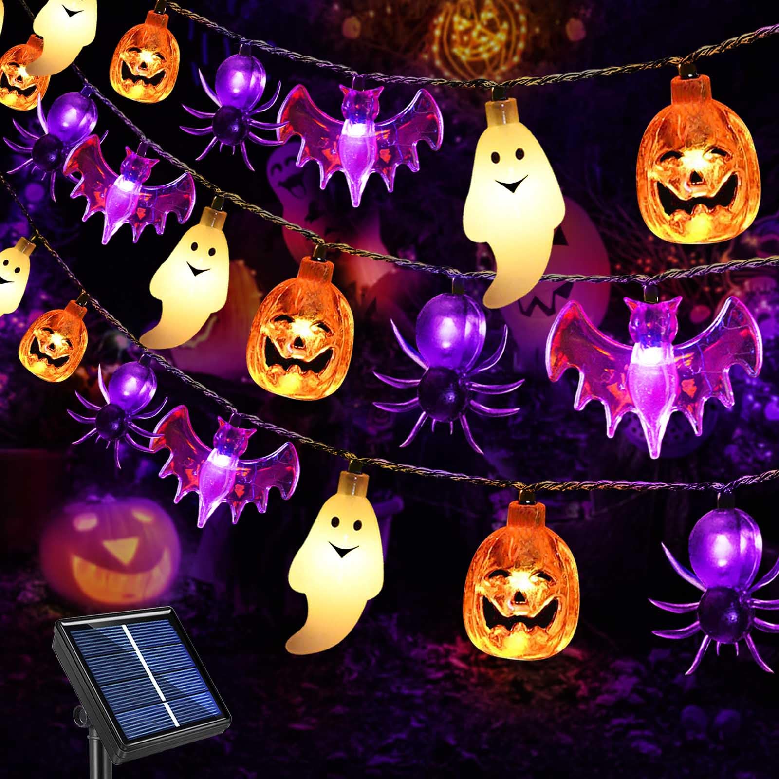 Janchs 40Led Solar Halloween Lights, Waterproof Pumpkin Bat Ghost Decor, 8 Modes, Warm White