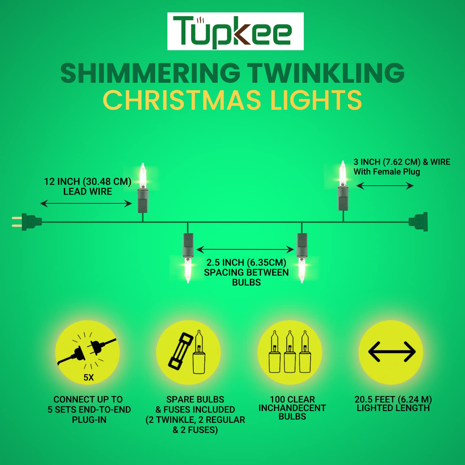 Christmas Random Shimmering Twinkle Lights - 24 Of 100 Lights Twinkle – Indoor Outdoor - 20.5 Feet Light String, 100 Clear Bulbs - Christmas Tree Holiday Decor Sparkling Twinkling Christmas Lights