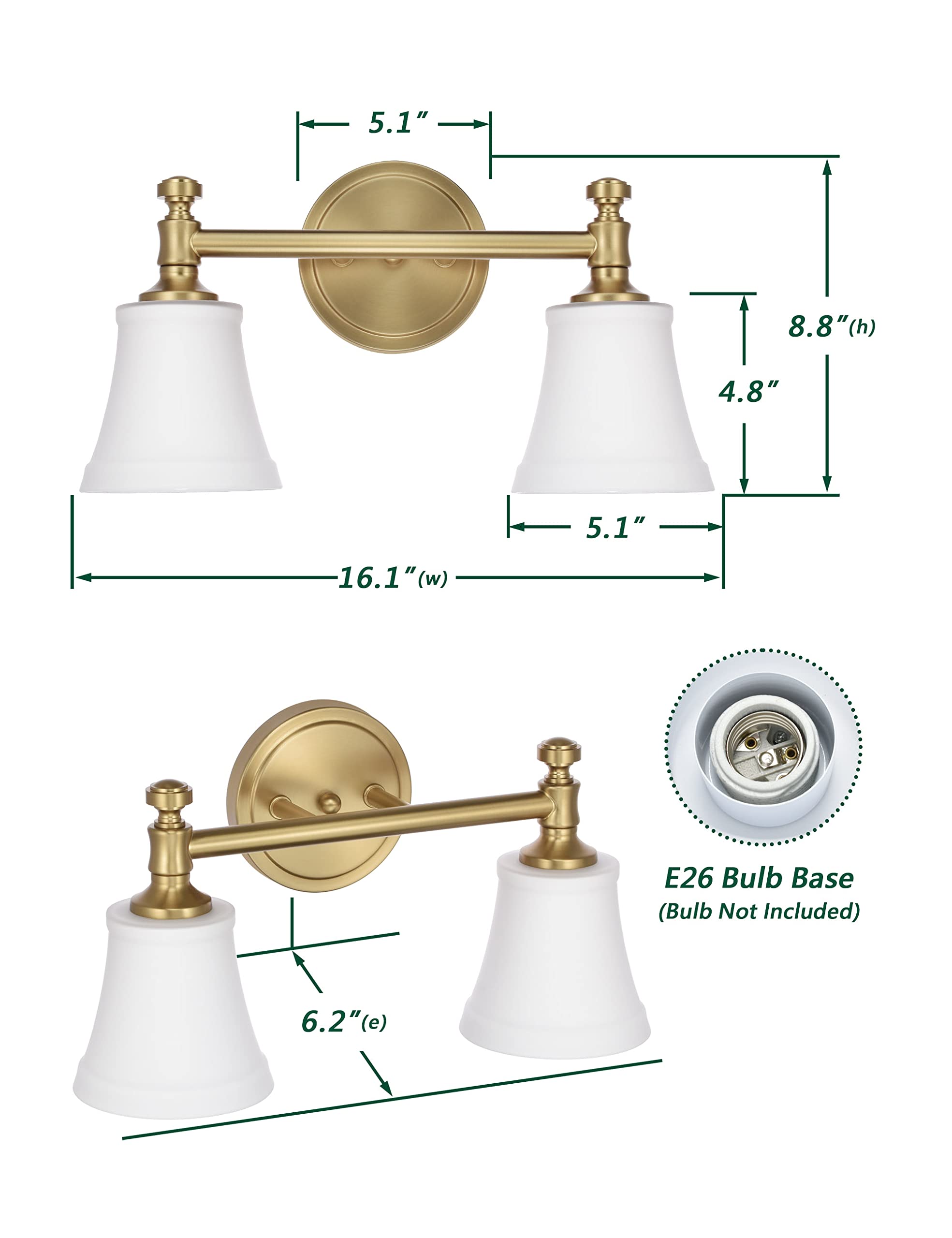 Hanaloa 2-Light Bathroom Vanity Light Fixture, Aged Brass Wall Sconce with Opal Glass Shade, Model VA0045-2-AGB