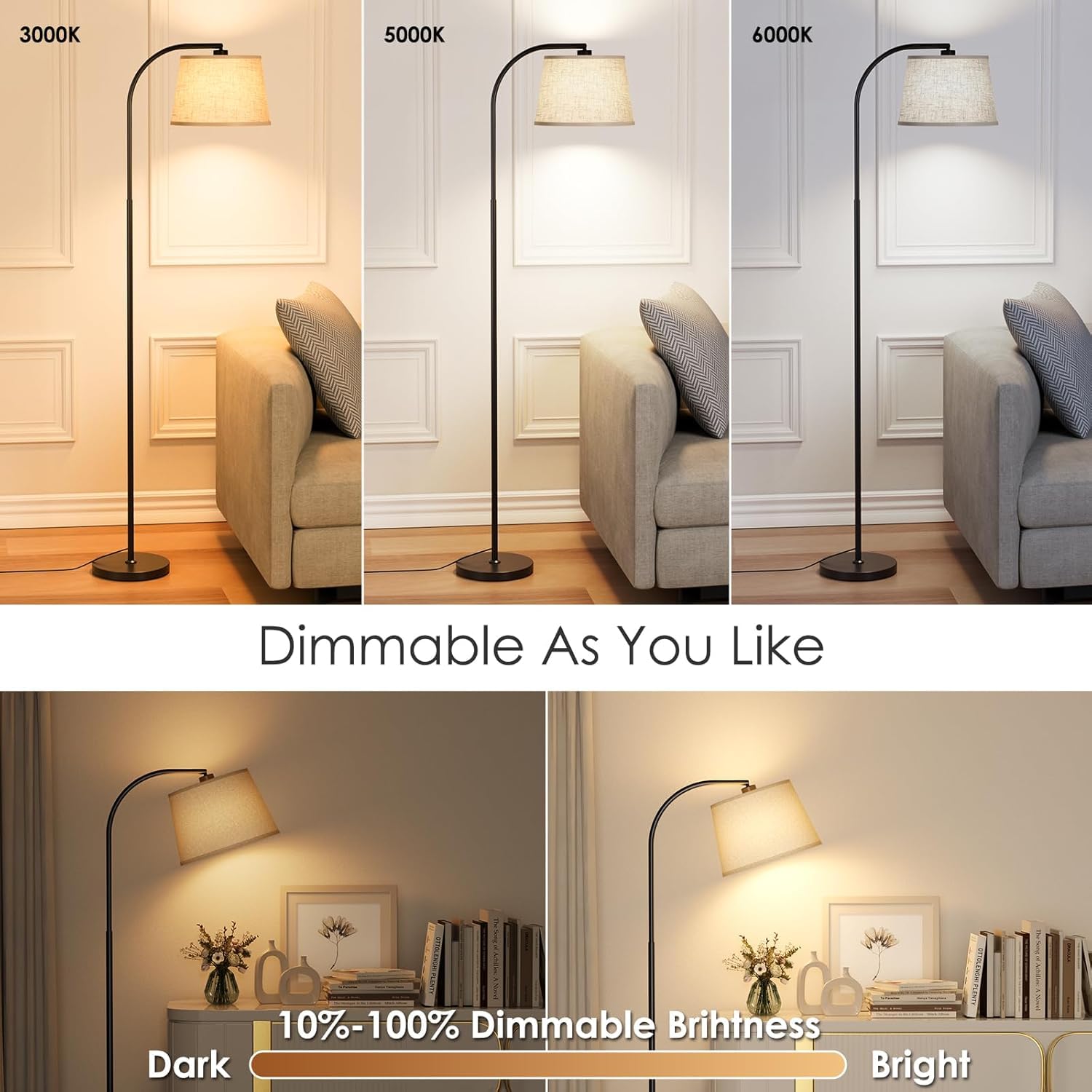 Karjoefar Arc Floor Lamp, 64in Stepless Dimmable, 350° Rotatable Shade, Remote Control, Black, Metal