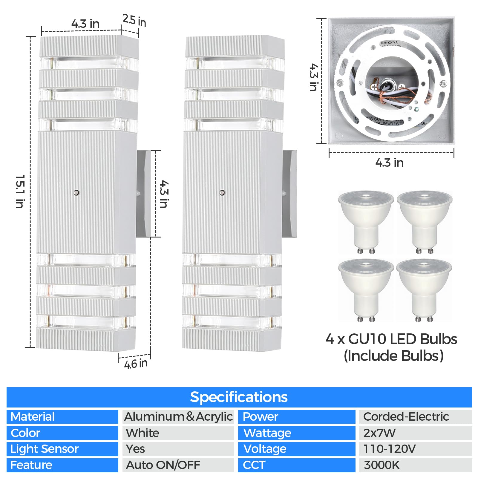 Dariisi Dusk To Dawn Modern Exterior Up And Down Outdoor Wall Lights, 2 Pack White Sconces For Garage Patio & Porch