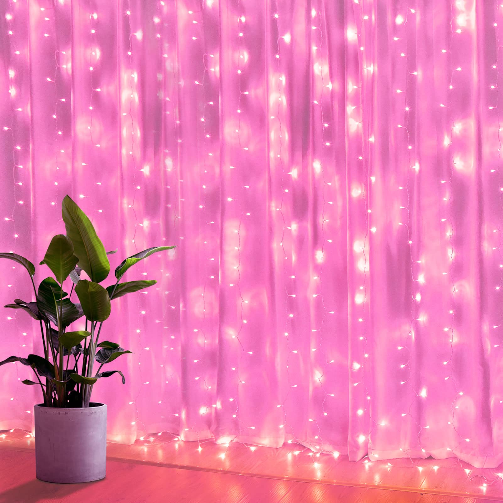 Kproe Pink Curtain Lights - 8 Modes Led Fairy String Lights For Windows, Ideal For Christmas, Valentine'S Day, Weddings, Party Room Decor