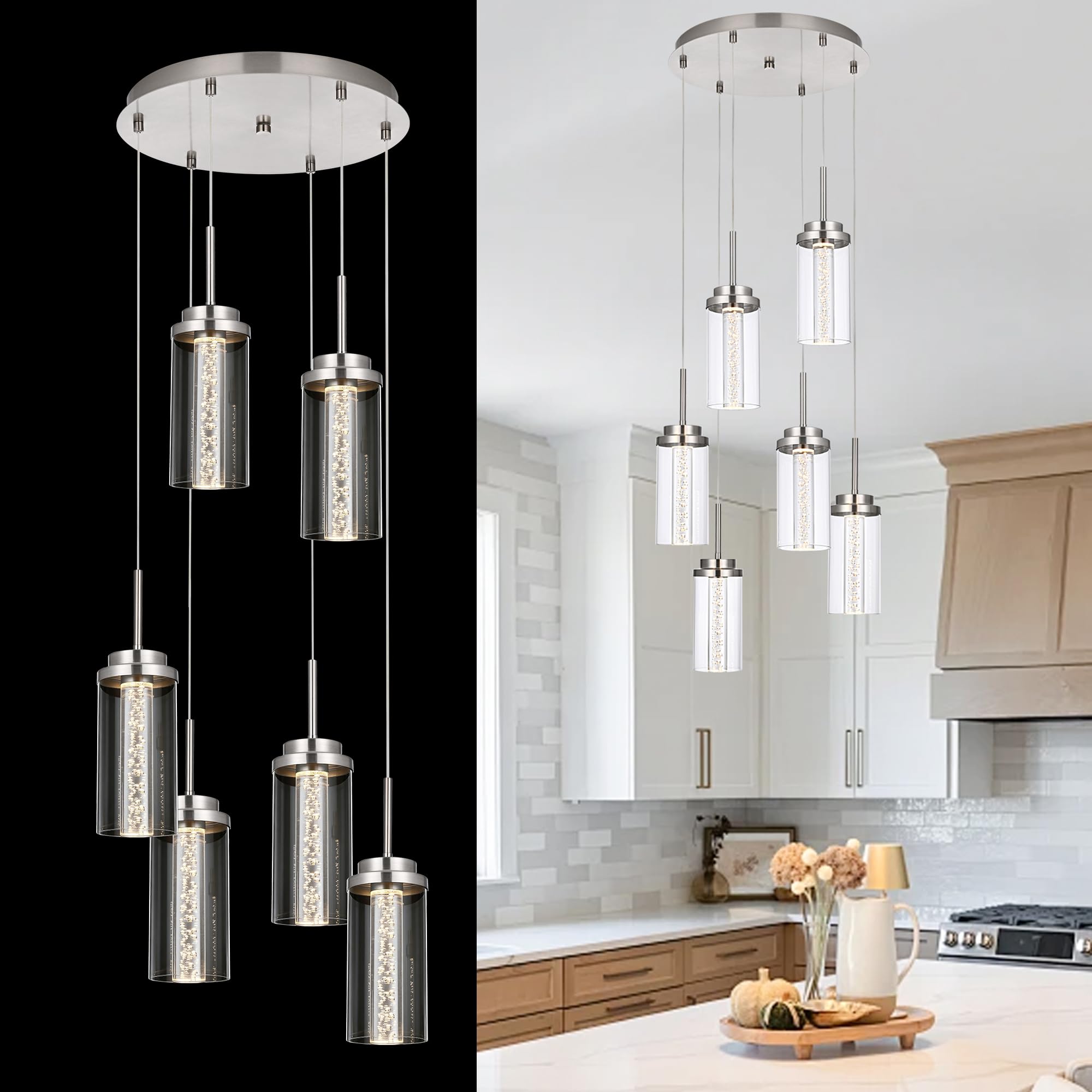MELUCEE 6-Light Modern LED Pendant Light Fixtures with 3000K-6000K Adjustable Color Temperature Brushed Nickel Kitchen Pendant L