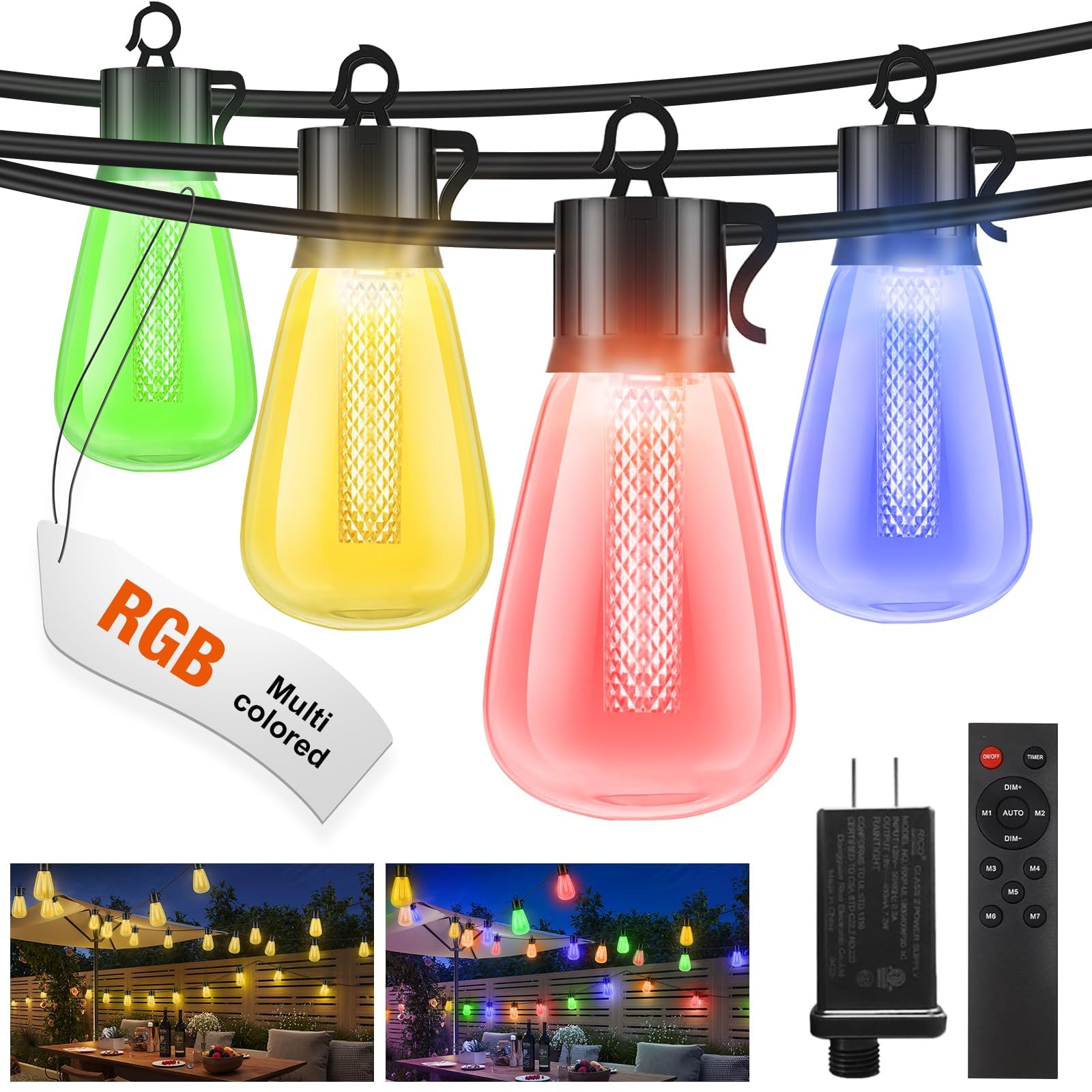 litogo Outdoor String Lights - 120FT Color Changing Dimmable LED RGB with Waterproof Shatterproof Bulbs