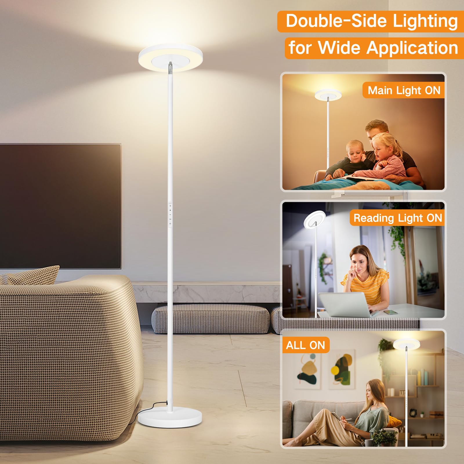 Outon Led Torchiere Floor Lamp, Super Bright Dimmable Tall Standing Lamp With Remote Touch Control, 4 Color Temperatures, 1-Hour