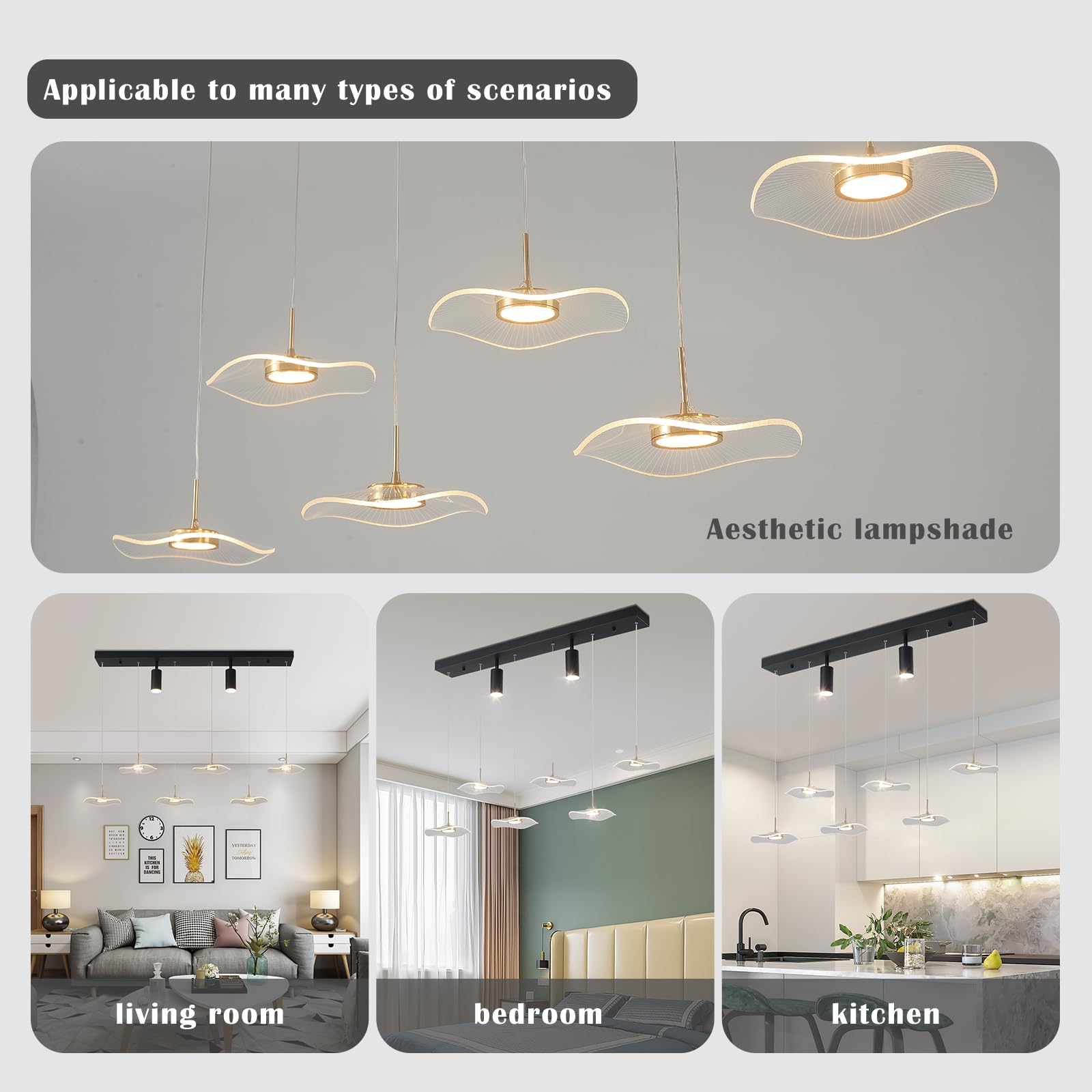 Siittoo 40in Modern Dimmable LED Chandelier, Adjustable Height, 6-Light Acrylic Pendant Light, Transparent/Black Petal, Remote Control