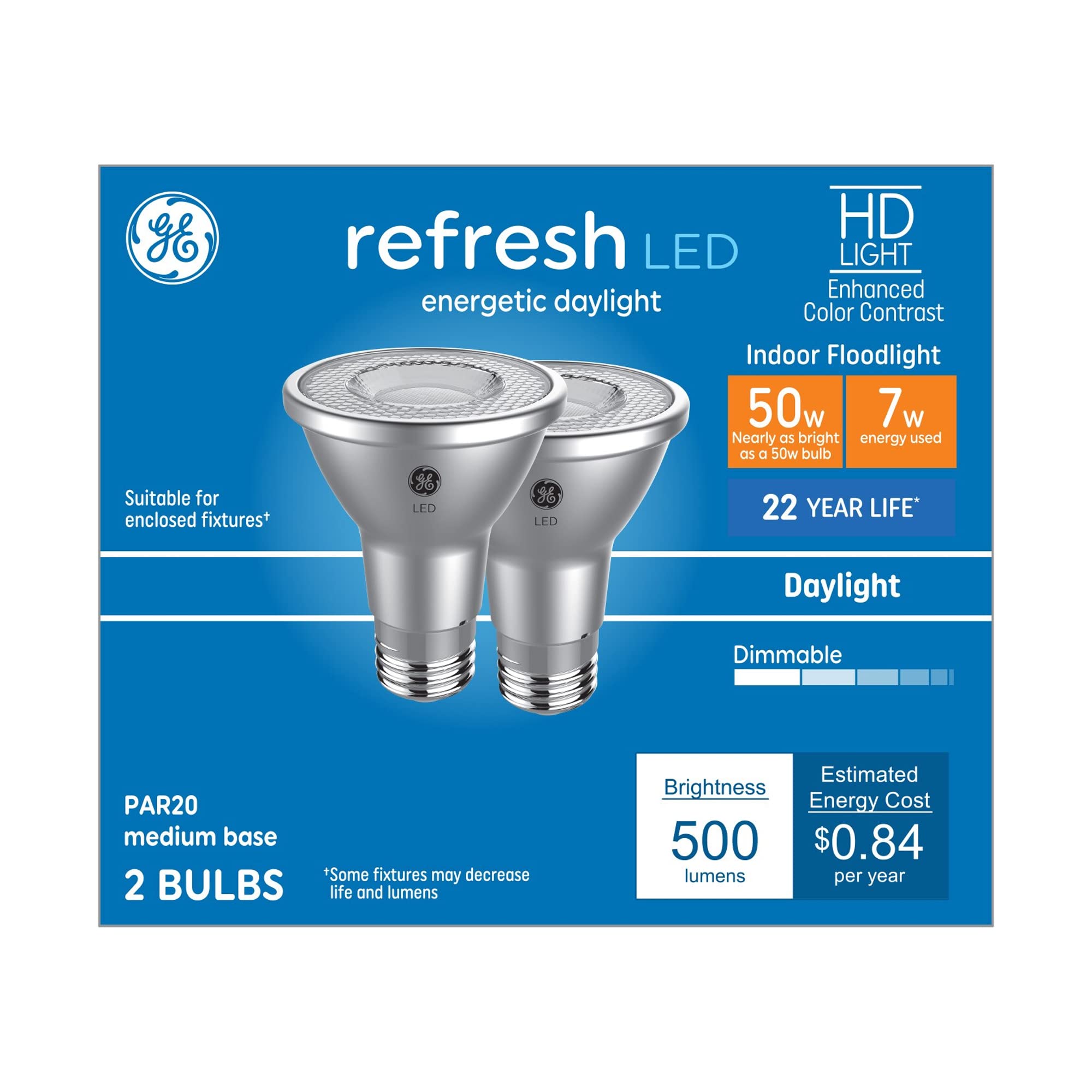 GE Refresh HD 50-Watt EQ LED Par20 Daylight Medium Base (e-26) Dimmable Flood Light Bulb 2-Pack