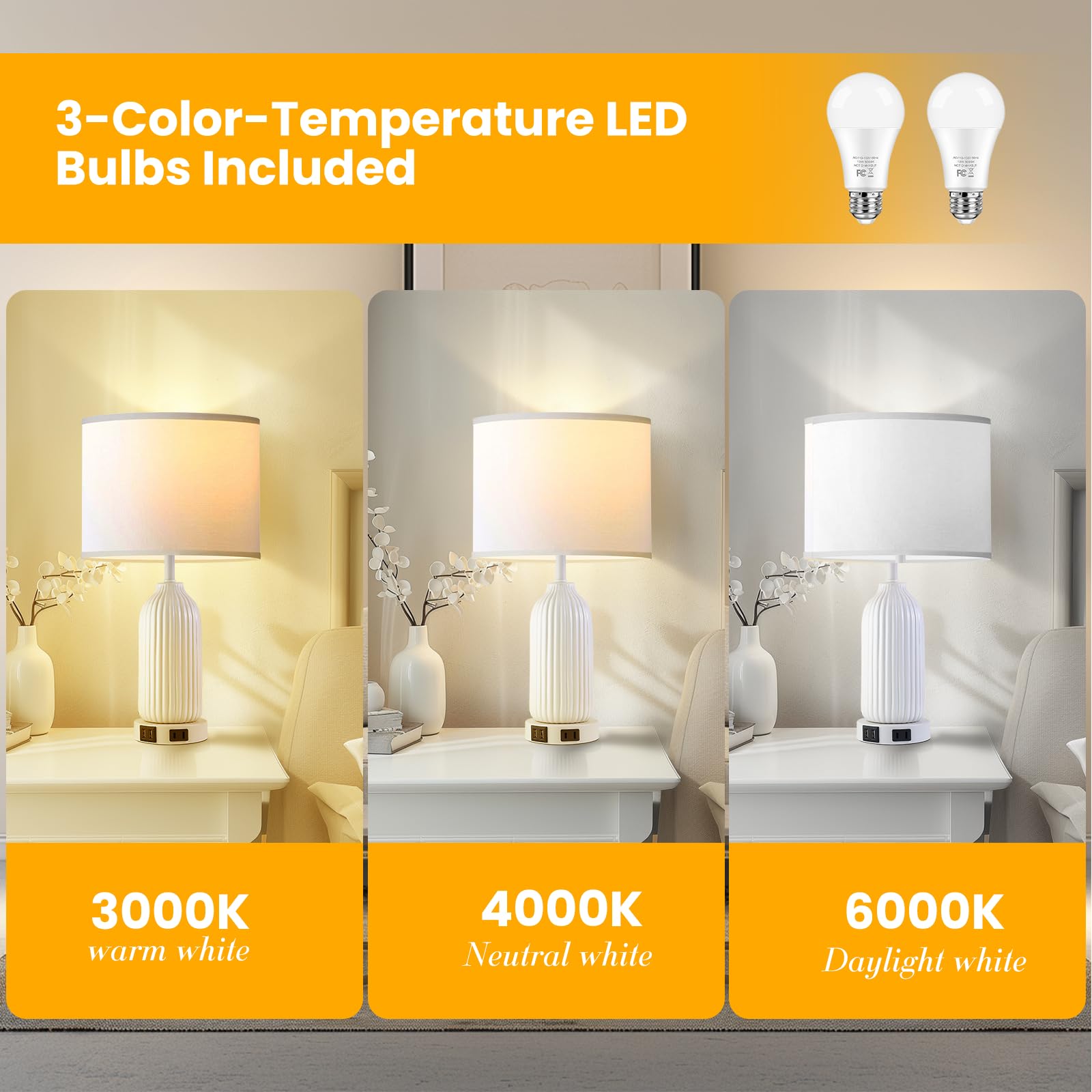 20 Ceramic Table Lamps 3 Color Temperatures Bedside Lamps Set Of 2 With Usb Ports & Ac Outlet, Modern White Lamps For Bedroom Ni