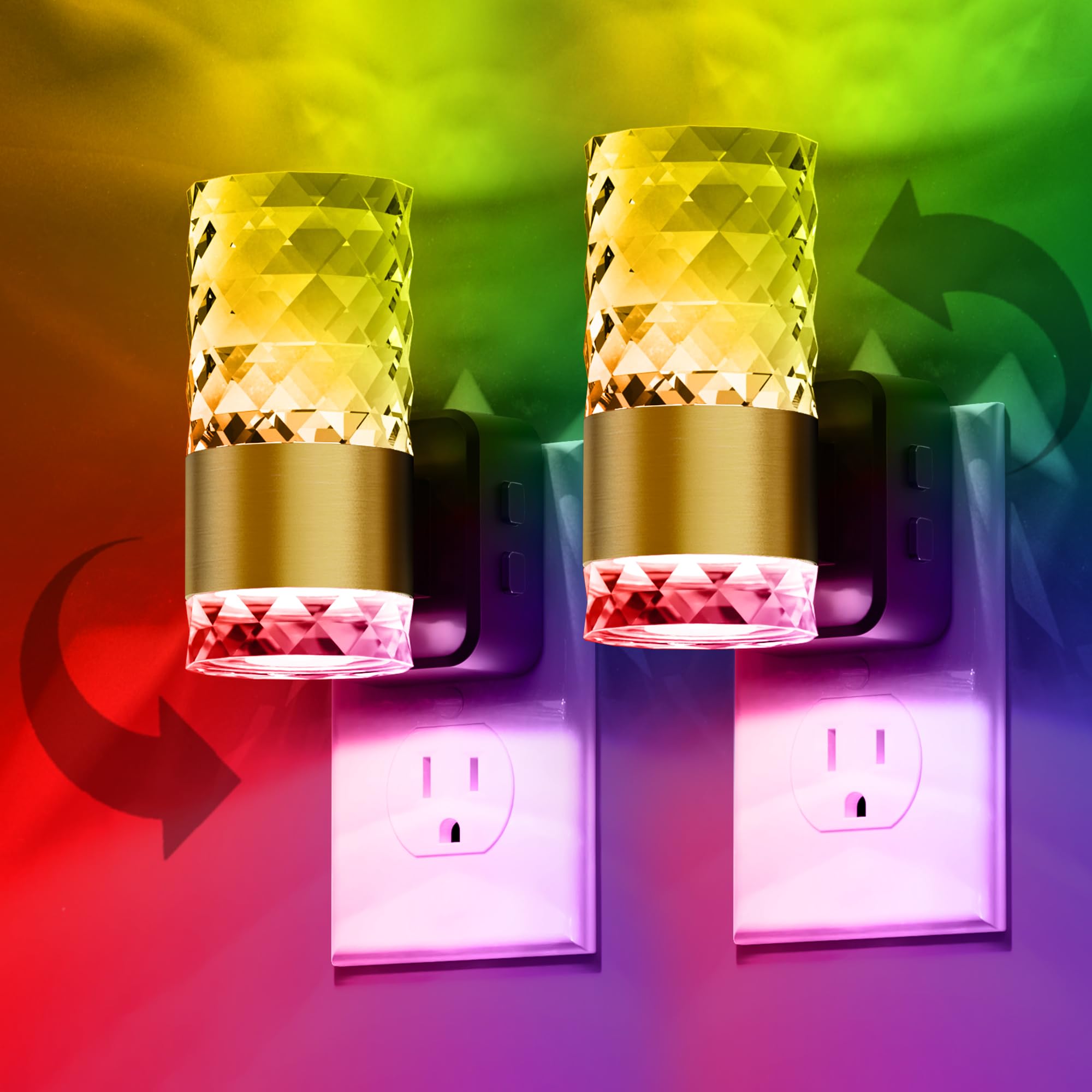 L LOHAS LED Night Light, 10-Color RGB, 10/50/100LM Adjustable, 2 Pack, Plug-in with Dusk to Dawn Sensor, Gold Ring-Chips RGB