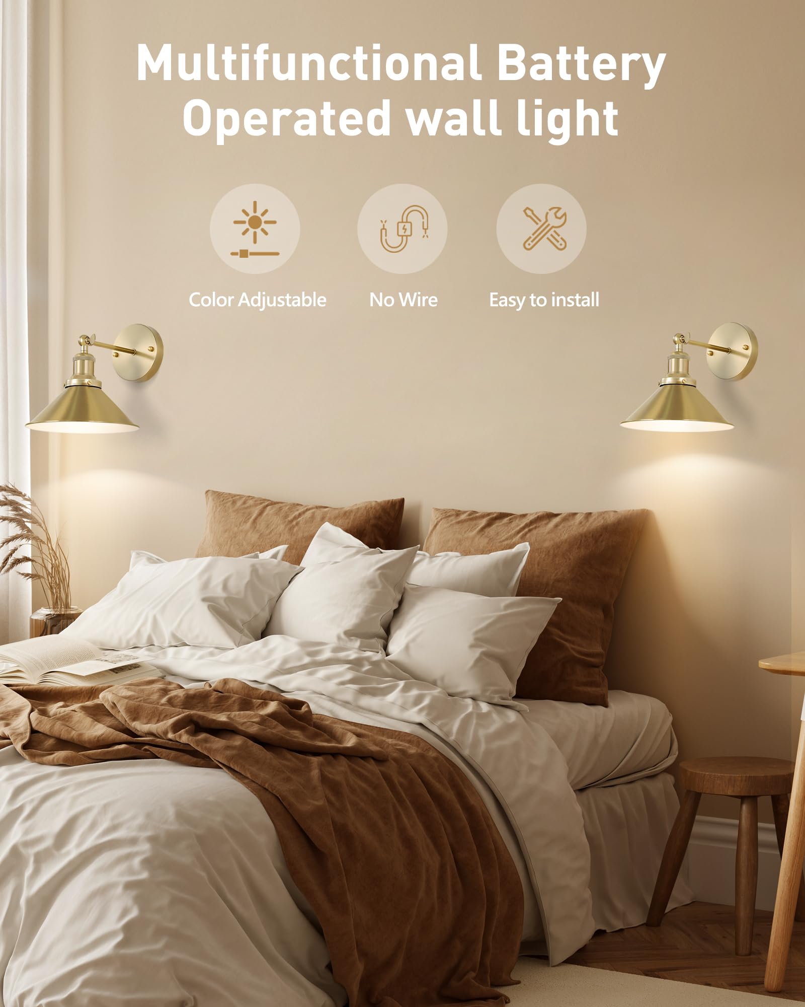 Bailoch Gold Vintage Wireless Wall Sconces, Battery Operated LED Lights Set of 2, Indoor Lamp with Remote Control, Model BLWS001G2