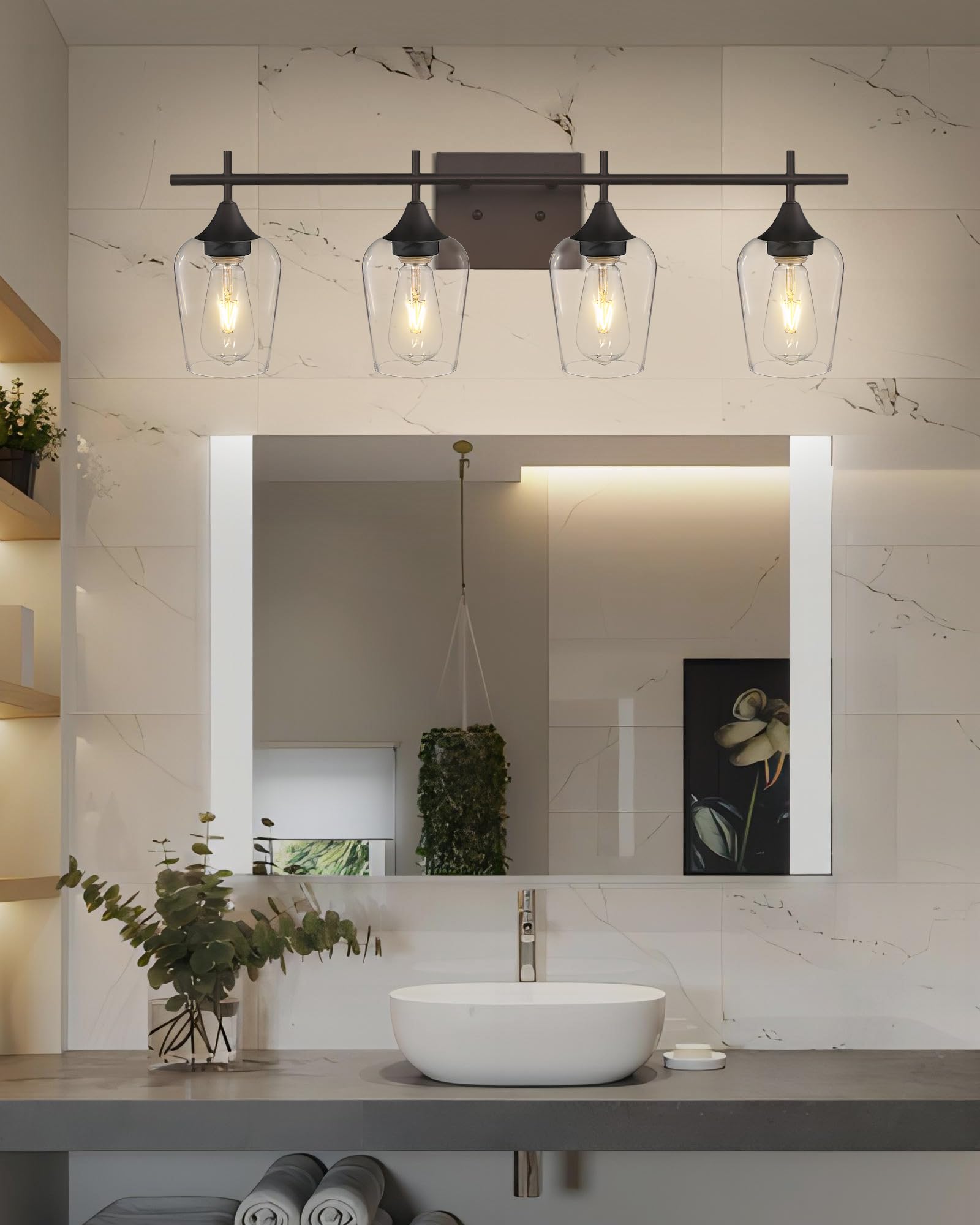 Osimir 4-Light Bathroom Vanity Lights, Oil Rubbed Bronze with Clear Glass, Model WL9167-4A, Farmhouse Rustic Style