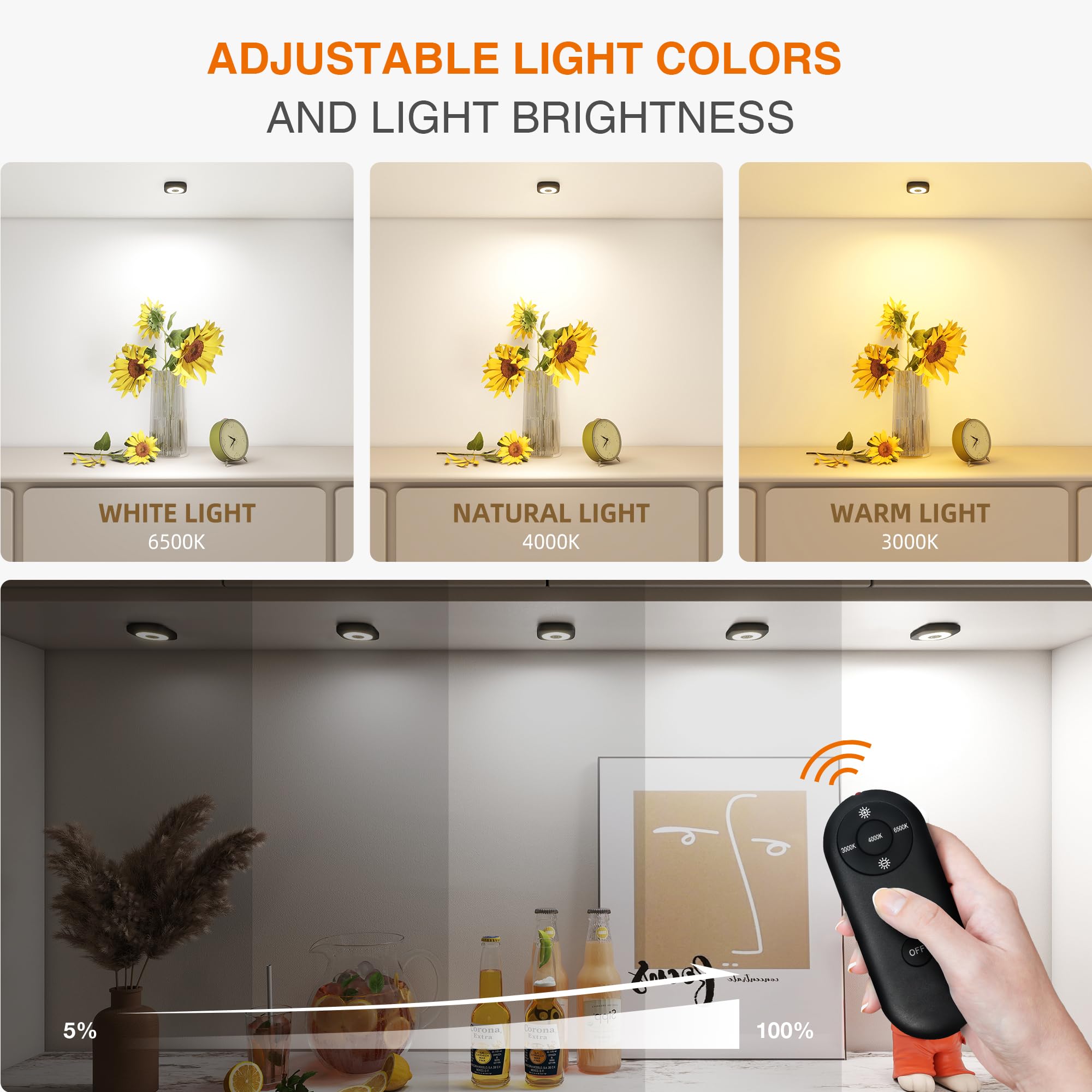 MICLIONLED Rechargeable Mini Puck Lights with Remote Control, Ultra-thin, Adjustable Brightness, 3 CCT, 6 Pack, Black, Model M3-GB15
