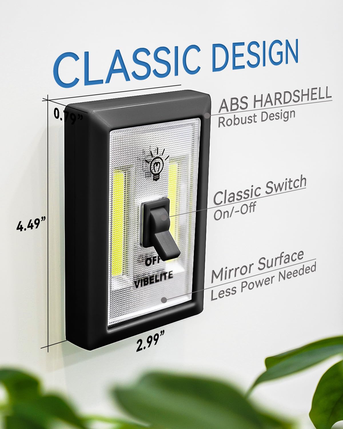 VIBELITE LED Night Light Switch - 200 Lumen Wireless COB Lamps, Battery Operated, 4 Pack, Black