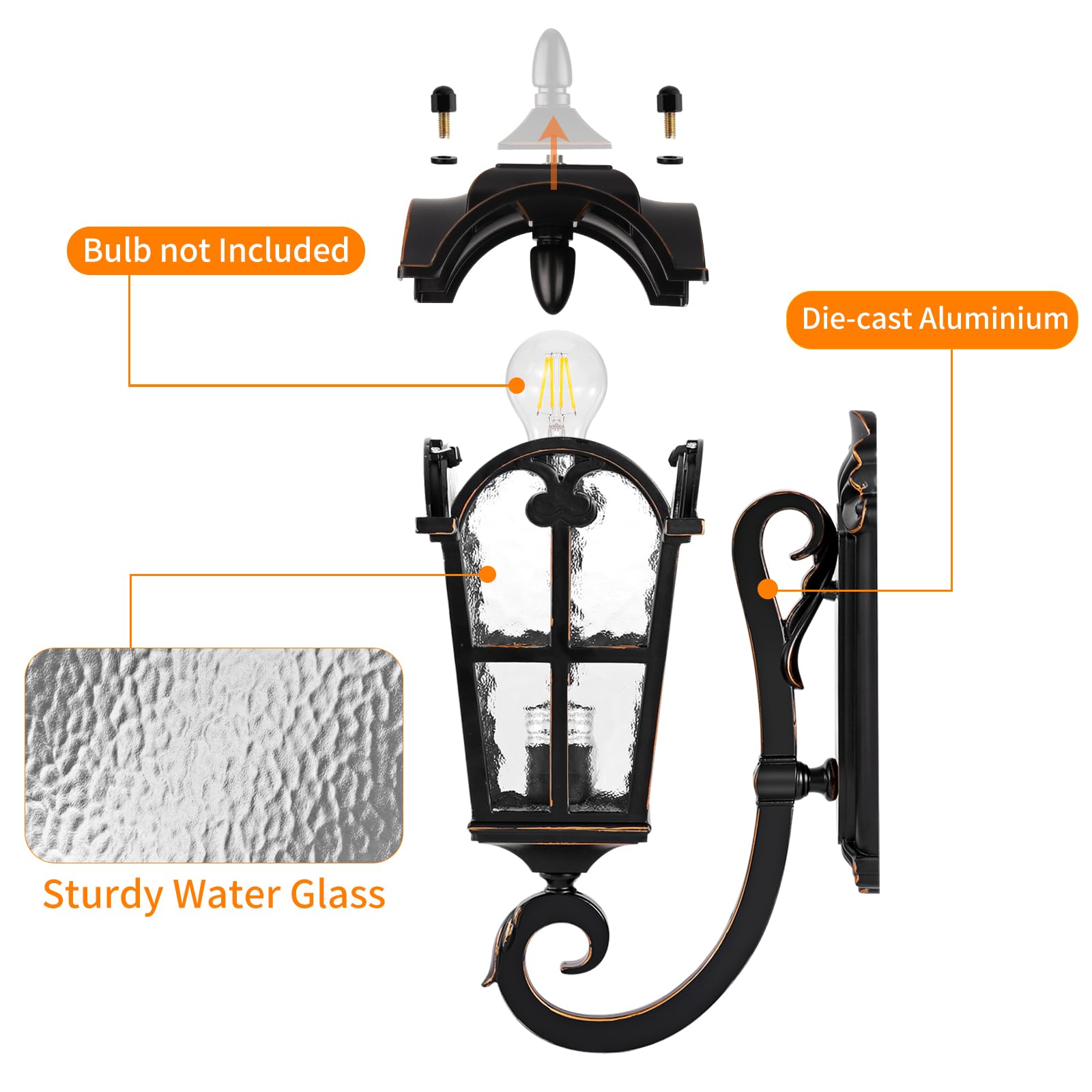 PARTPHONER Outdoor Wall Light Fixture - Black Roman Waterproof Sconce, 17.71in H, Glass Shade, Model PA1143