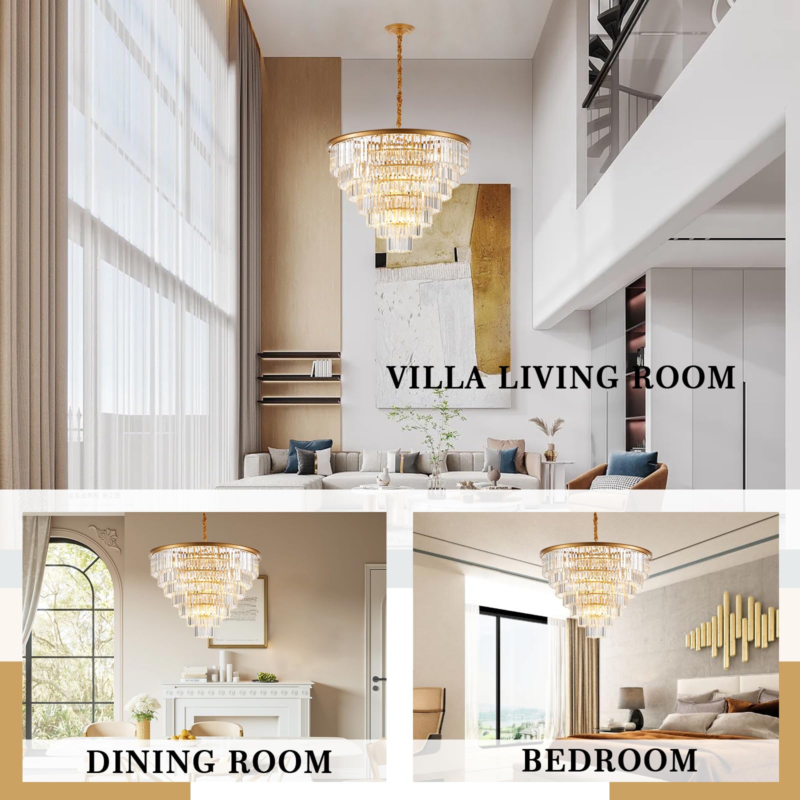Brfaixla 7-Tiers 22 Lights Gold Crystal Chandelier stylish 35.46 Modern Contemporary Crystal Pendant Ceiling Lighting Crystals Light Fixture For Living Room Hotel Lobby Restaurant Foyer High Ceiling