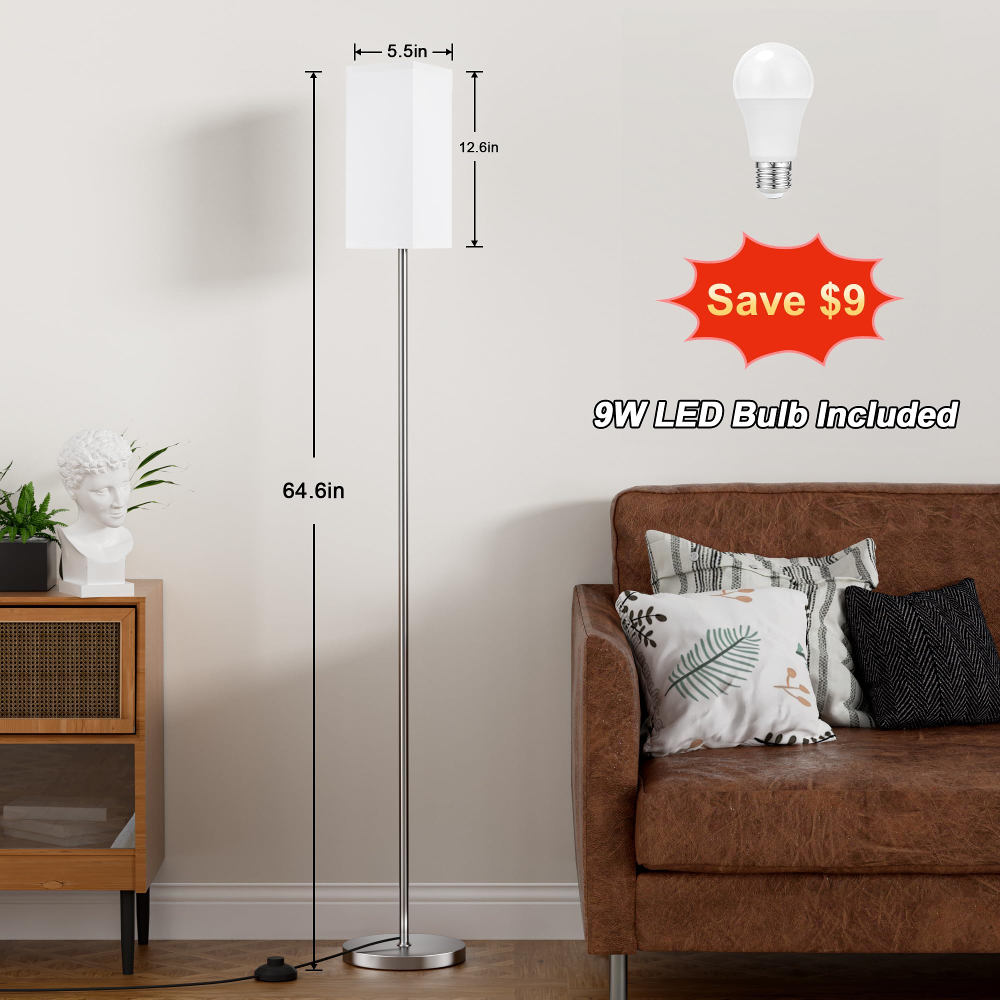 Ambimall Remote Control Floor Lamp, Stepless Dimmable, 64.57in Tall, Metal, White & Silver