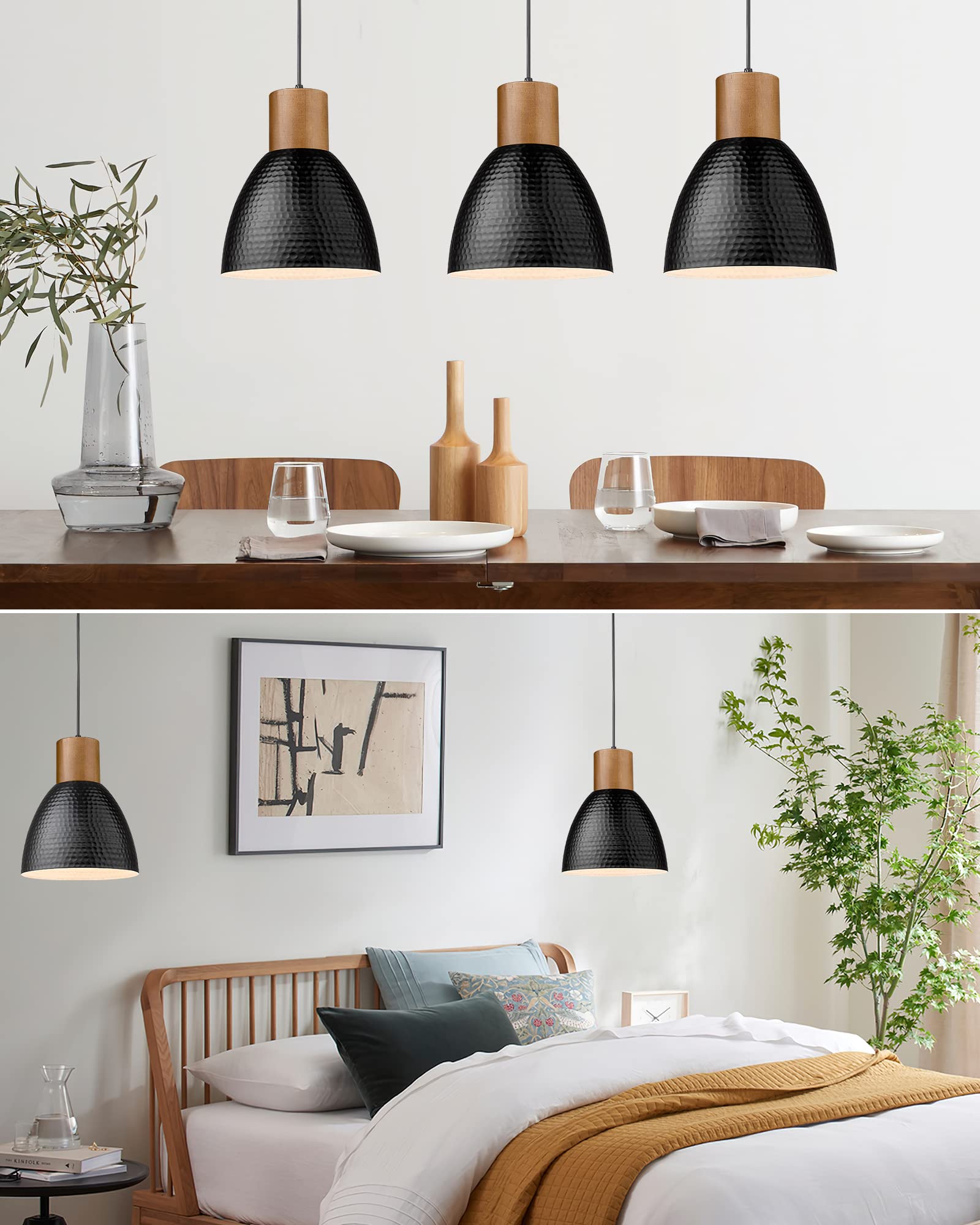 Elyona Industrial Pendant Light - Solid Wood & Hammered Metal Shade - Small Black Farmhouse Fixture